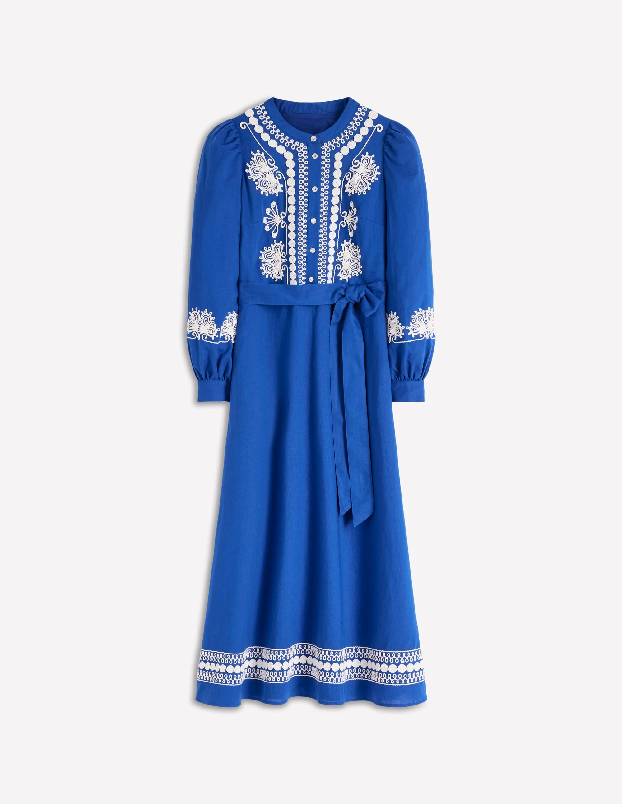 Ava Linen Blend Midi Dress-Blue Embroidery - 1