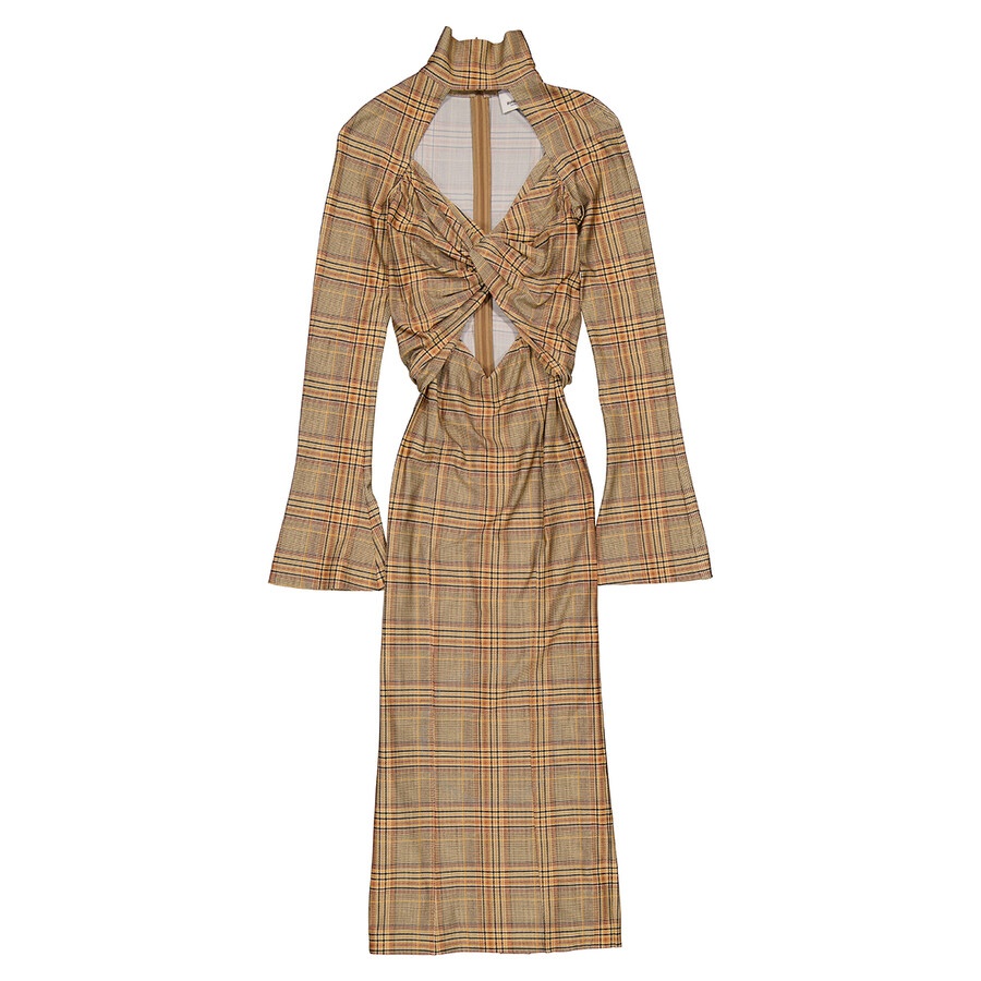 Burberry Ladies Dark Honey Cut-Out Checked Midi Dress - 1