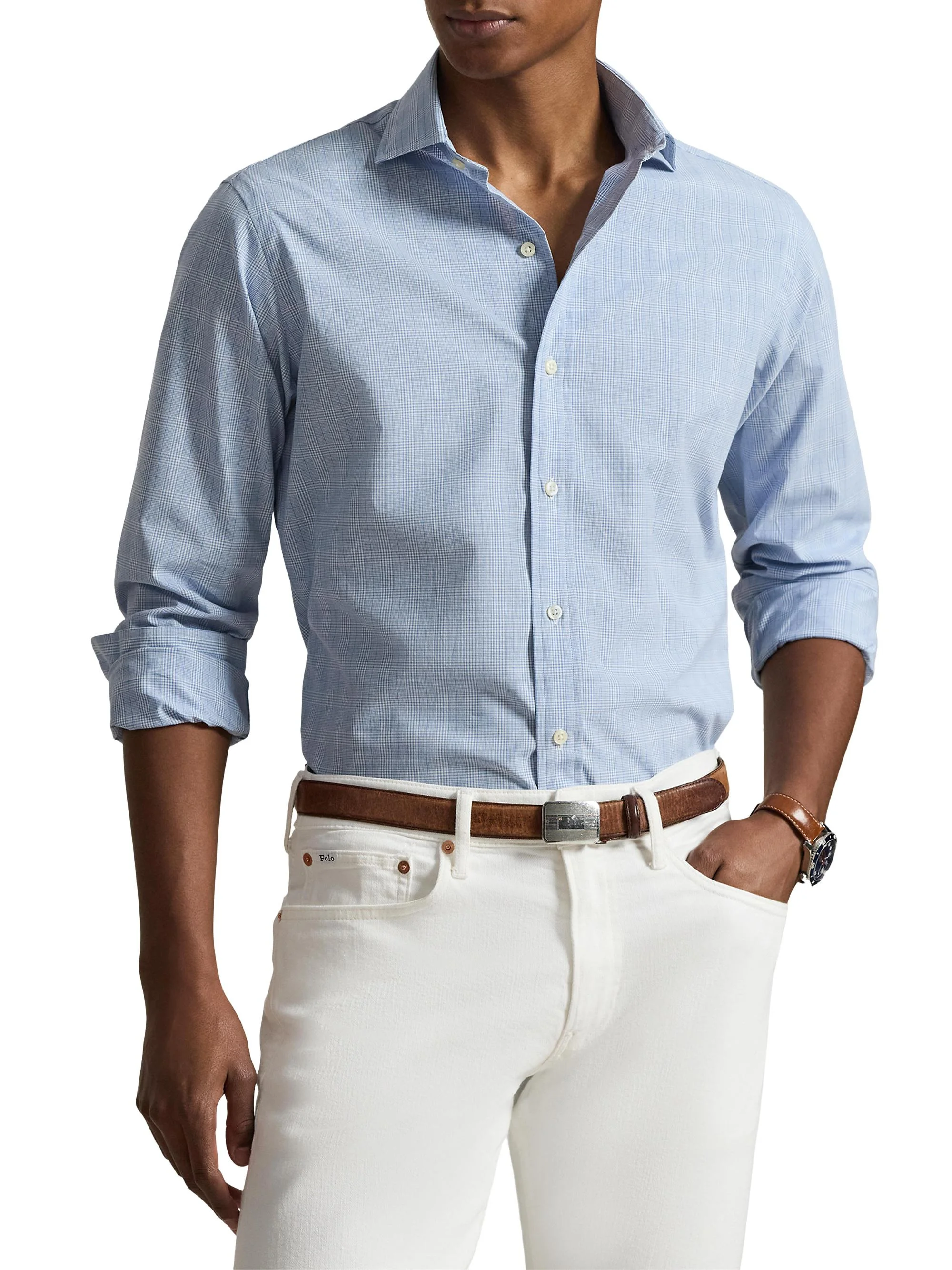 Men's Check Cotton Poplin Shirt - Campus Blue White - 1