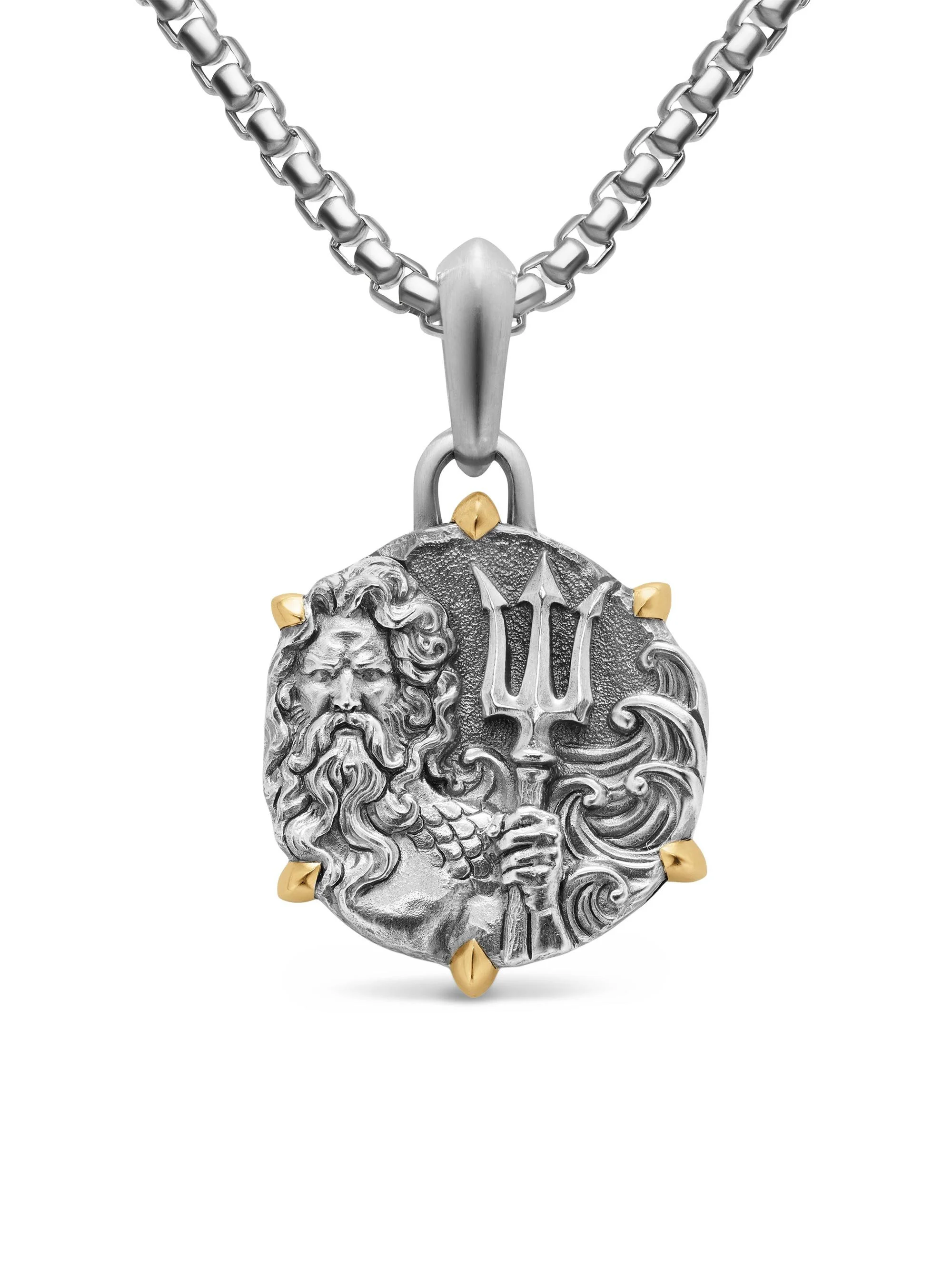Men's Poseidon Amulet in Sterling Silver with 18K Yellow Gold, 26.4MM - Silver - 1