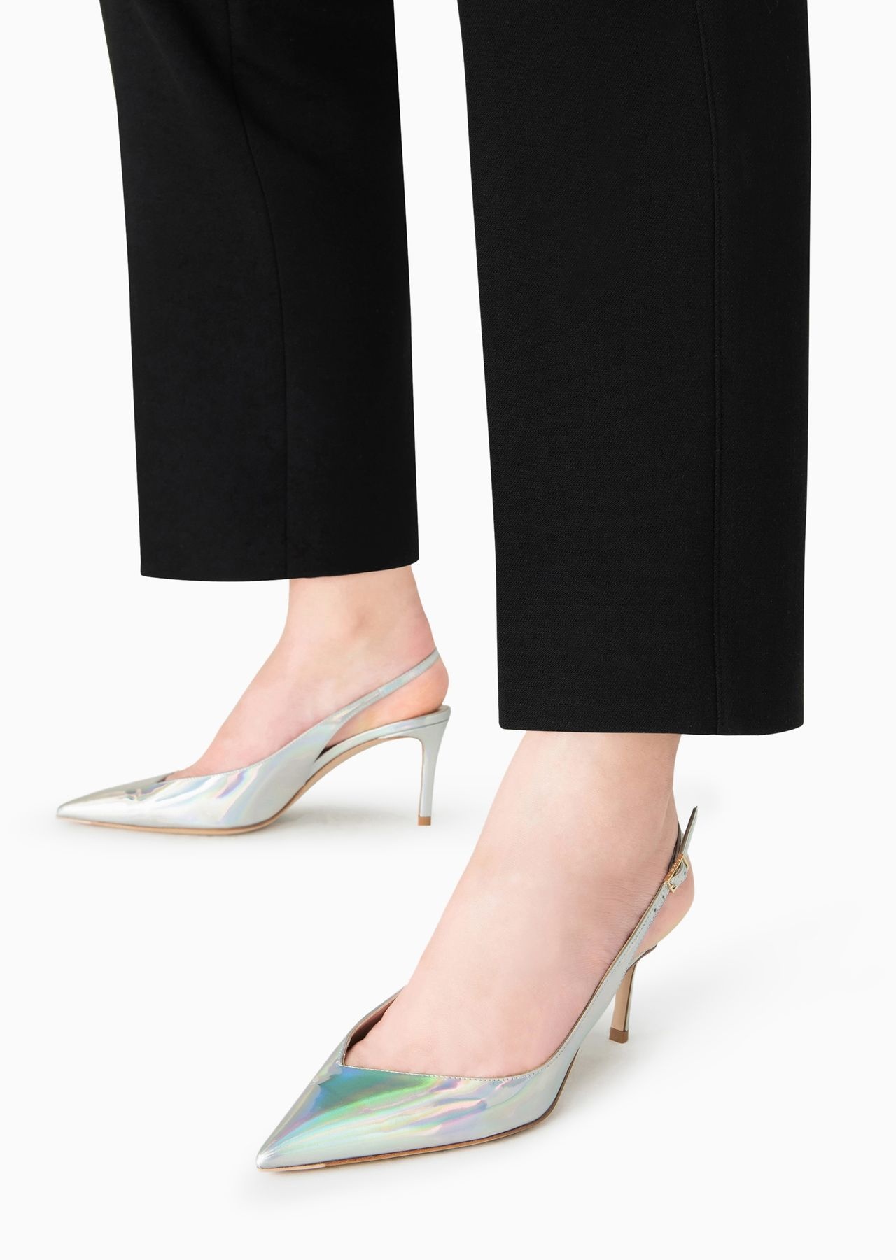 Iridescent leather heeled slingbacks with asymmetric collar - 6