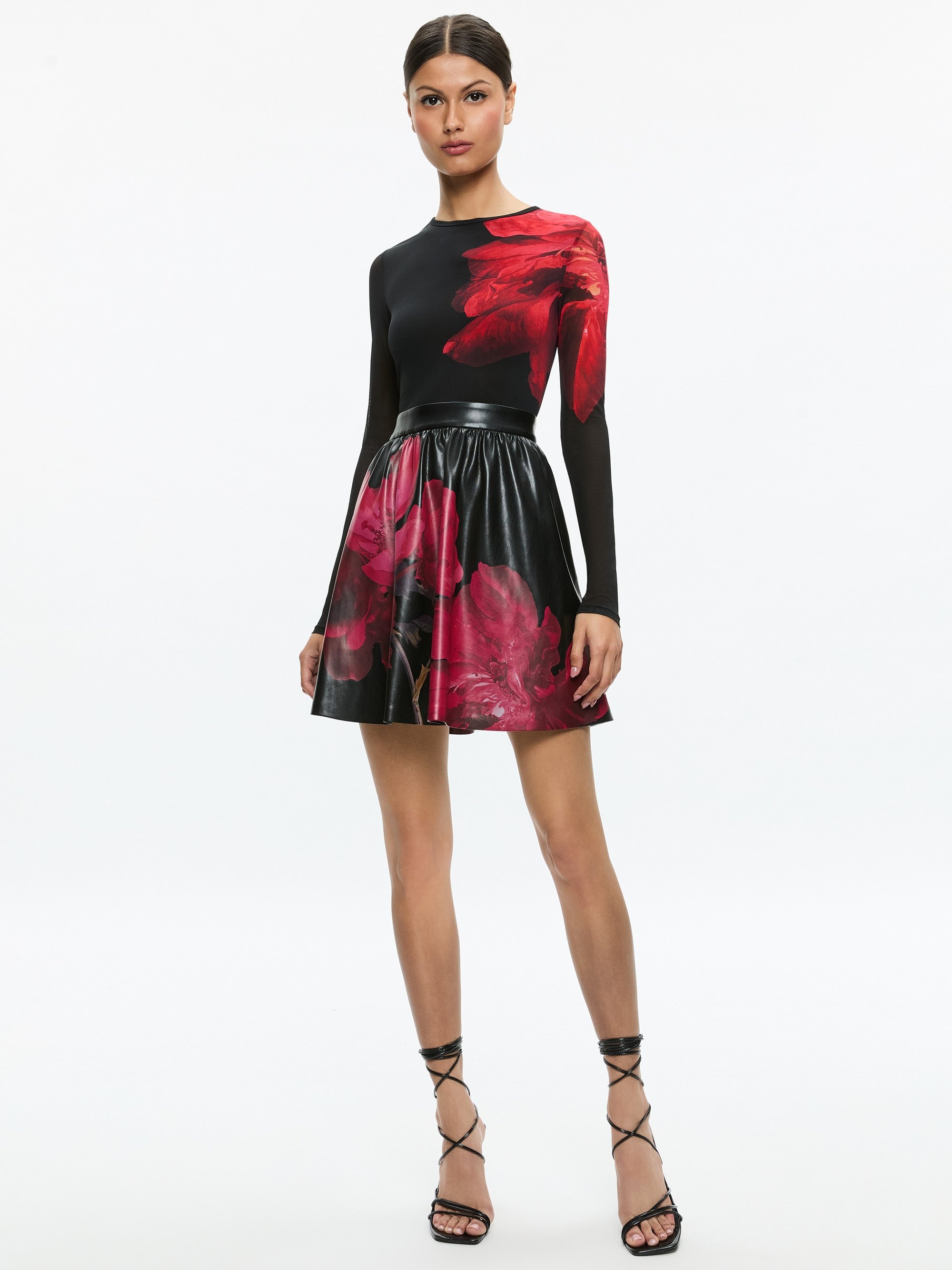 CHARA VEGAN LEATHER CREW NECK LONG SLEEVE GATHERED DRESS - 2