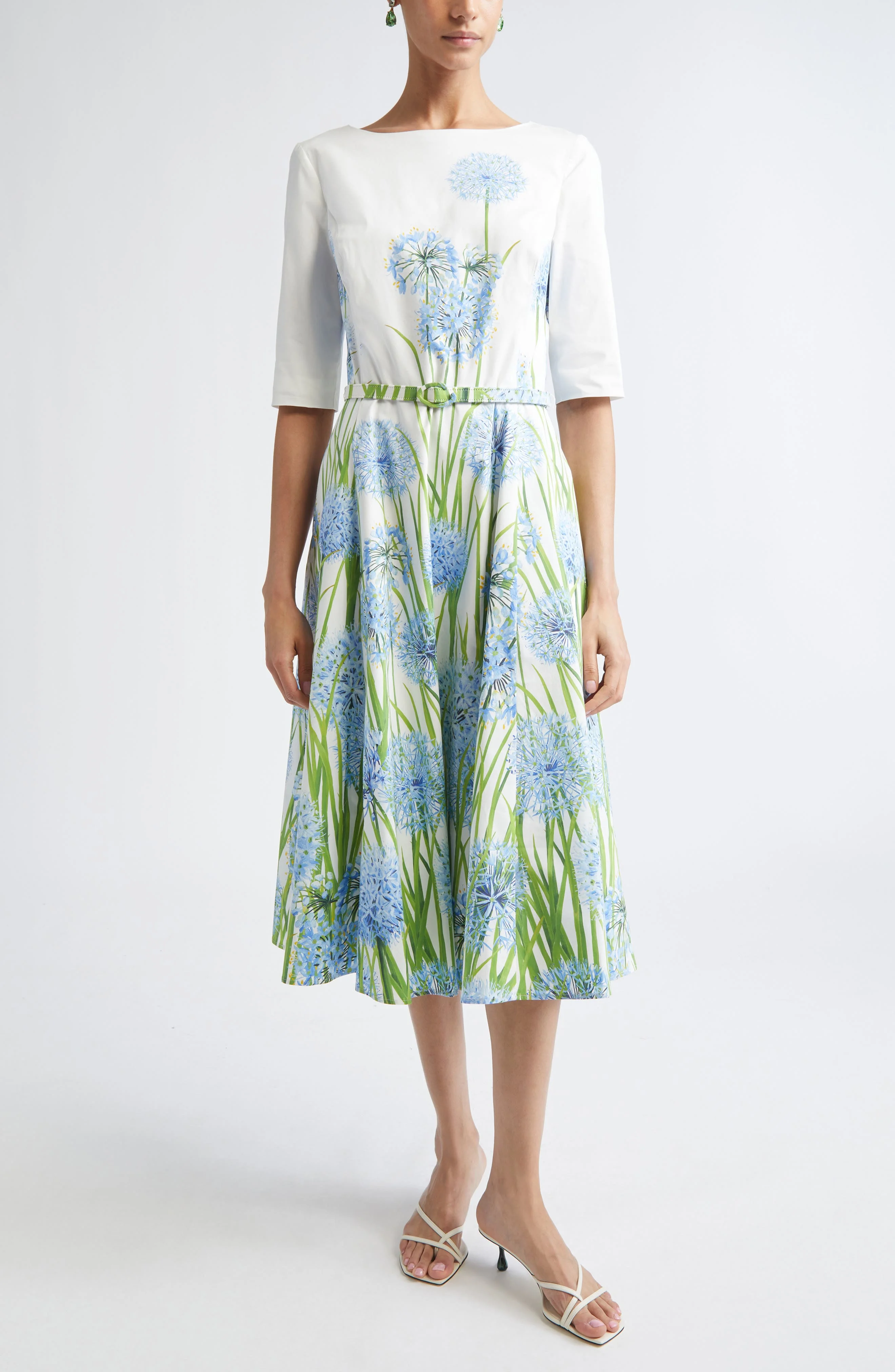 Oscar de la Renta Allium Cotton Stretch Poplin Belted Dress in Blue/White at Nordstrom - 1