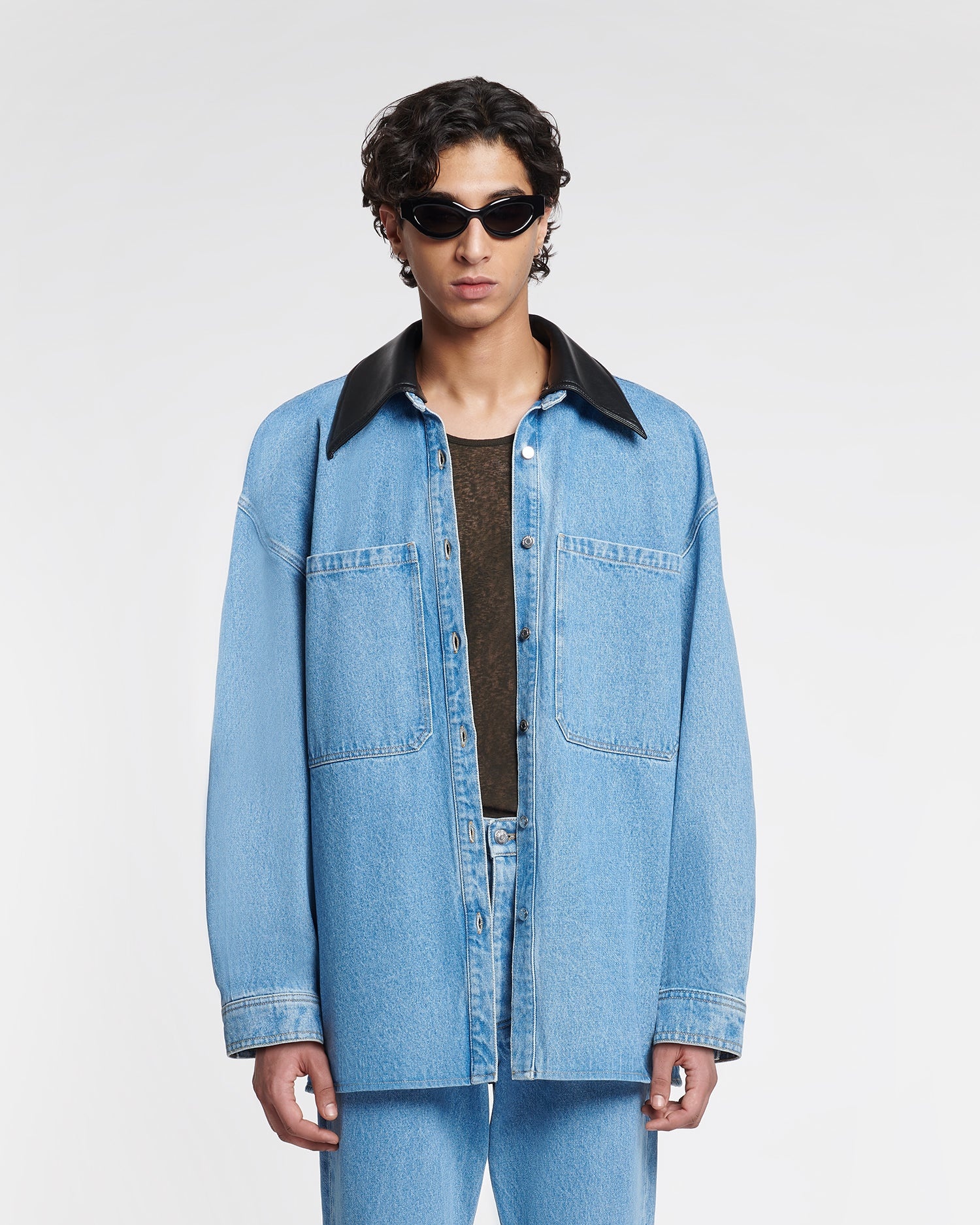 Leather-Trimmed Denim Shirt - 7