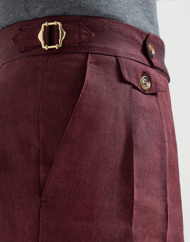 Linen and virgin wool chevron trousers with double pleats and waist tabs 4