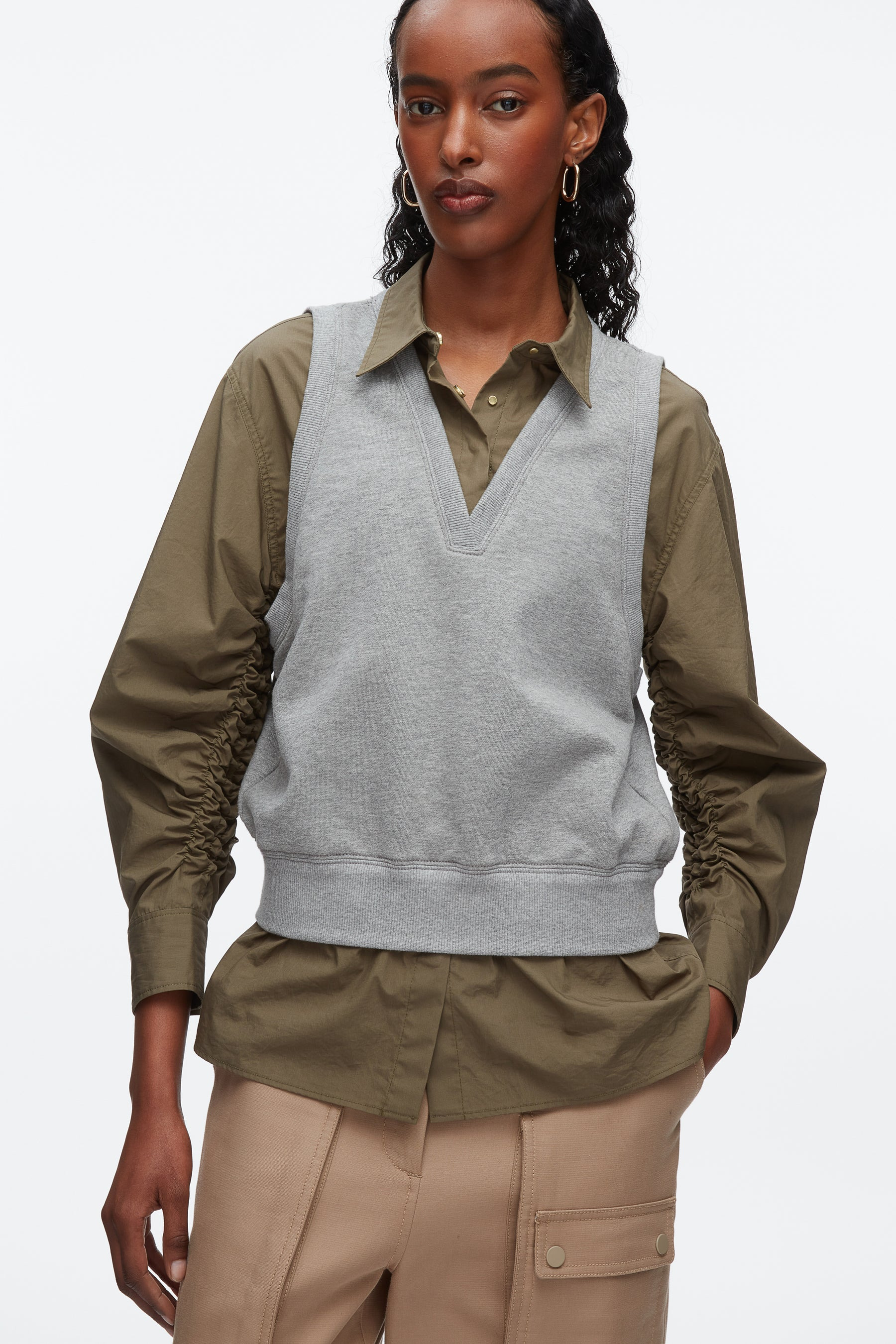 Layered Vest Ruched Sleeve Shirt - 6