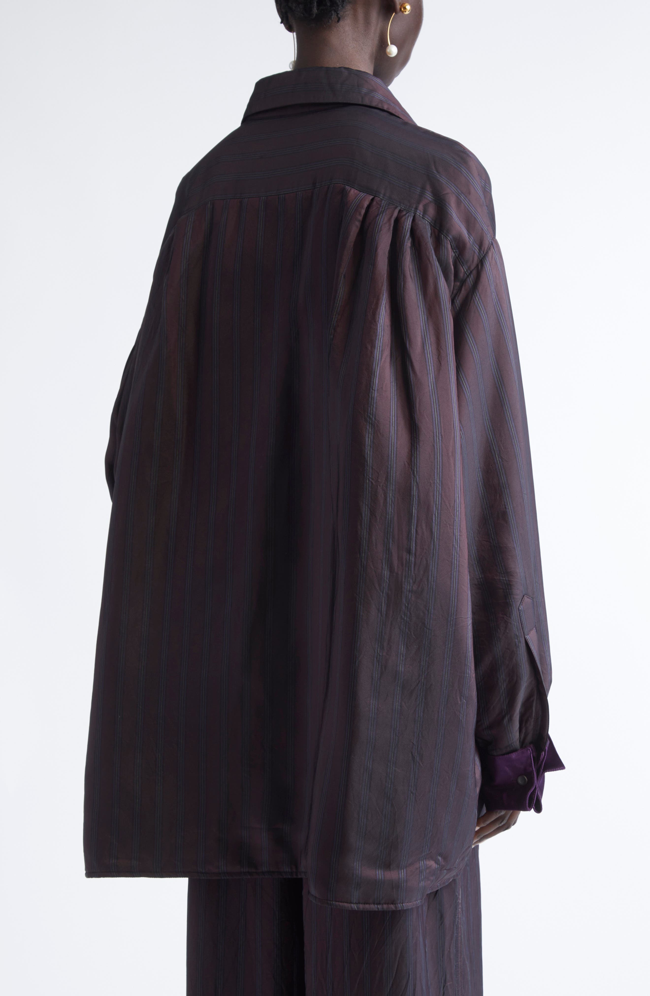 Dries Van Noten Cartan Oversize Padded Stripe Button-Up Shirt with Detachable Cuffs in Burgundy at N - 3