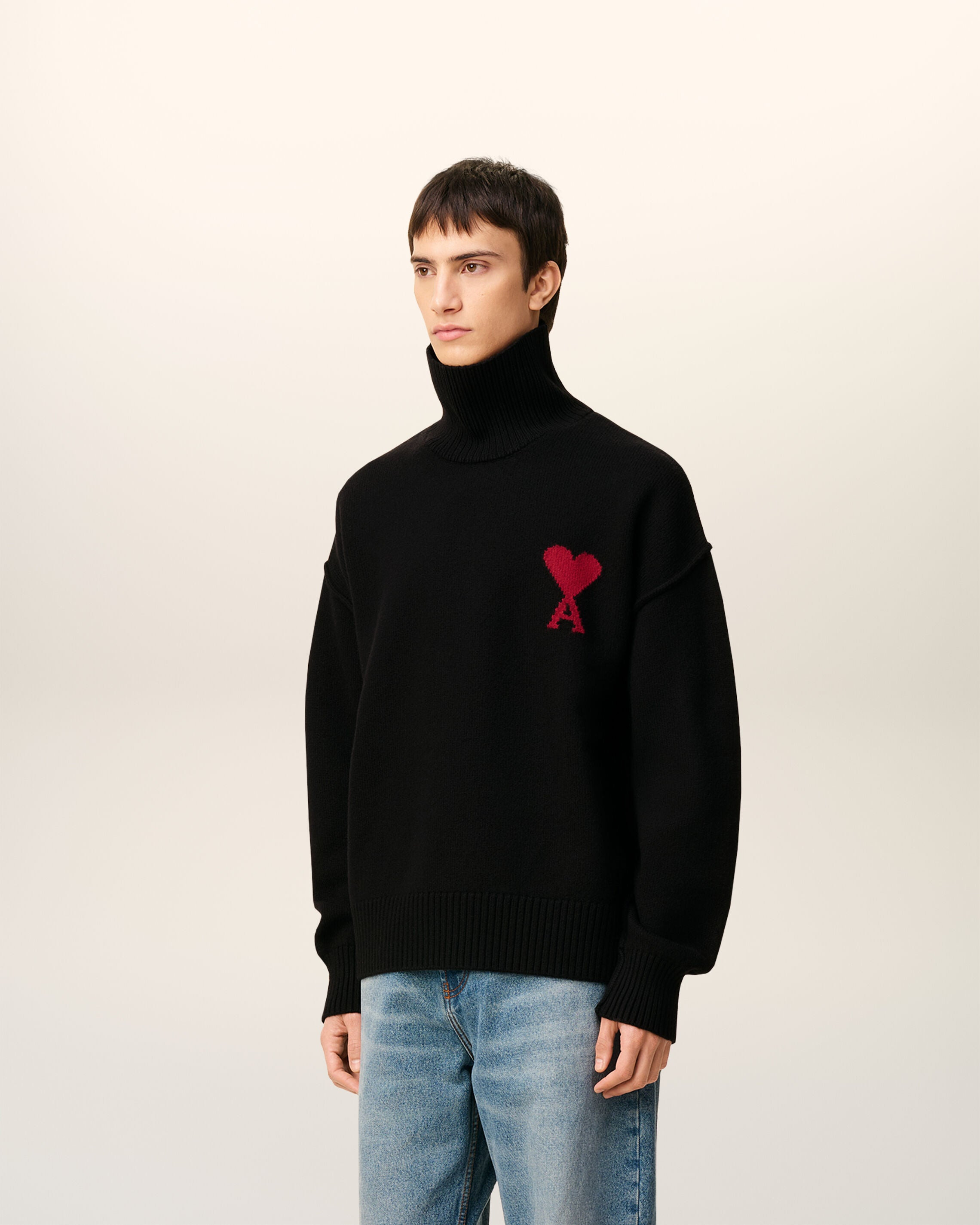 BLACK WOOL AMI DE COEUR FUNNEL NECK SWEATER - 6