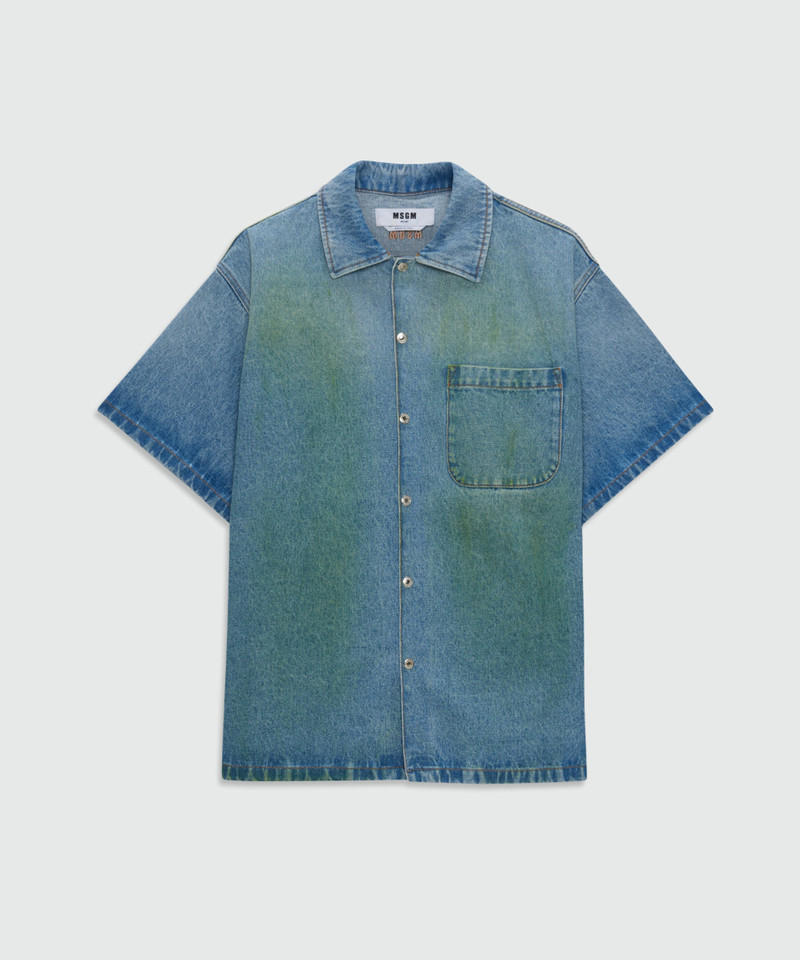 Light-wash denim short-sleeve shirt with localized distressing 1