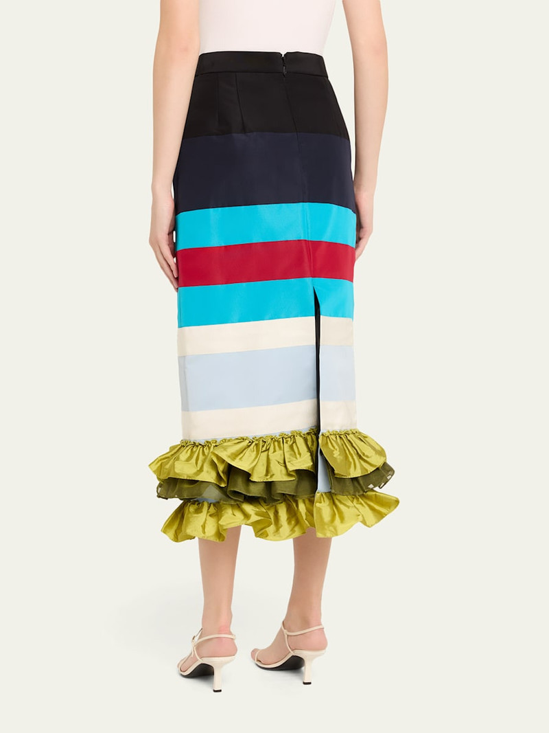 Striped Embroidered Ruffle-Hem Midi Skirt 3