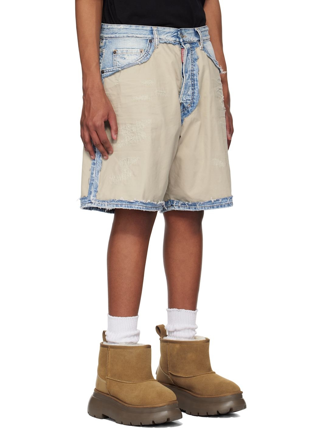 Beige & Blue Super Ripped Mixed Boxer Denim Shorts - 2