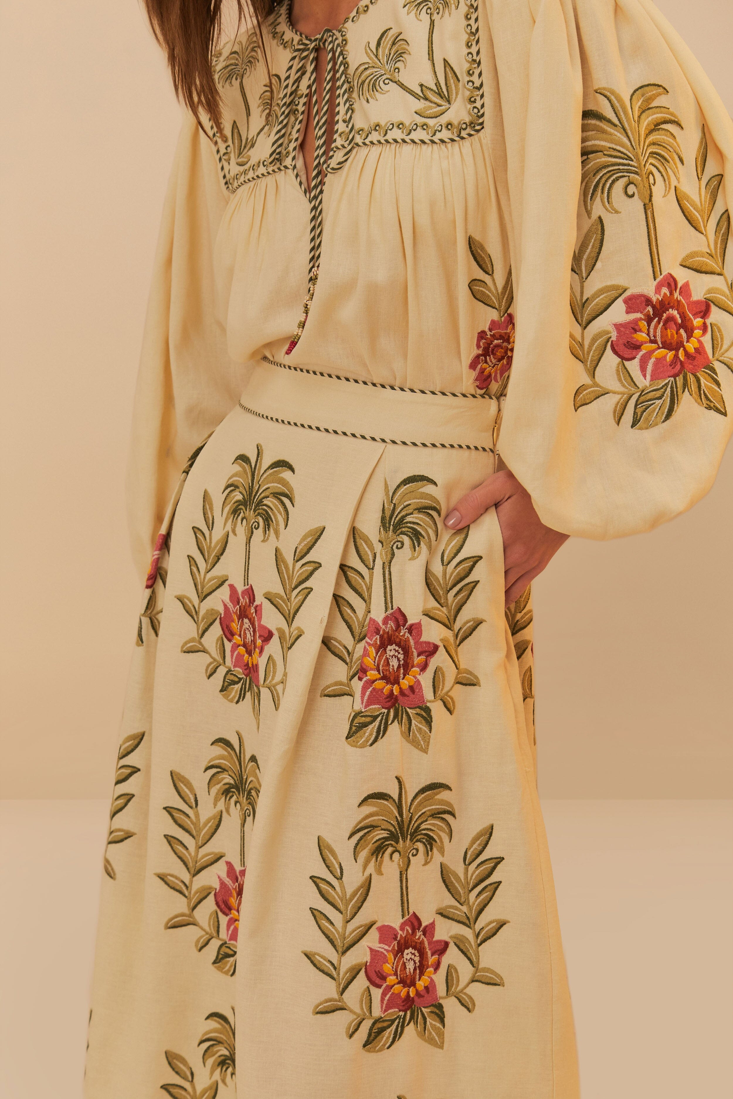 Sand Tropical Flower Embroidered Lenzing™ Ecovero™ Euroflax™ Maxi Skirt - 4