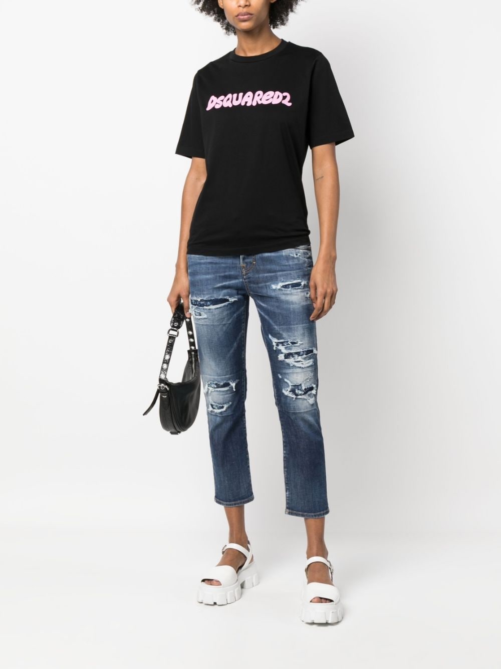 distressed logo-patch cropped jeans - 2