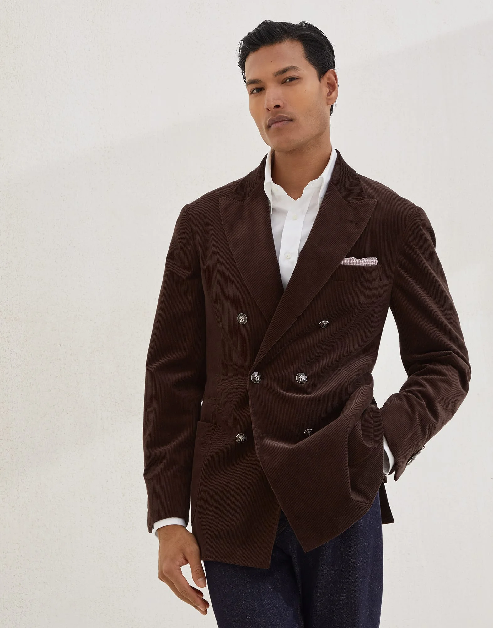 Comfort cotton and cashmere corduroy one-and-a-half breasted deconstructed blazer with patch pockets - 1