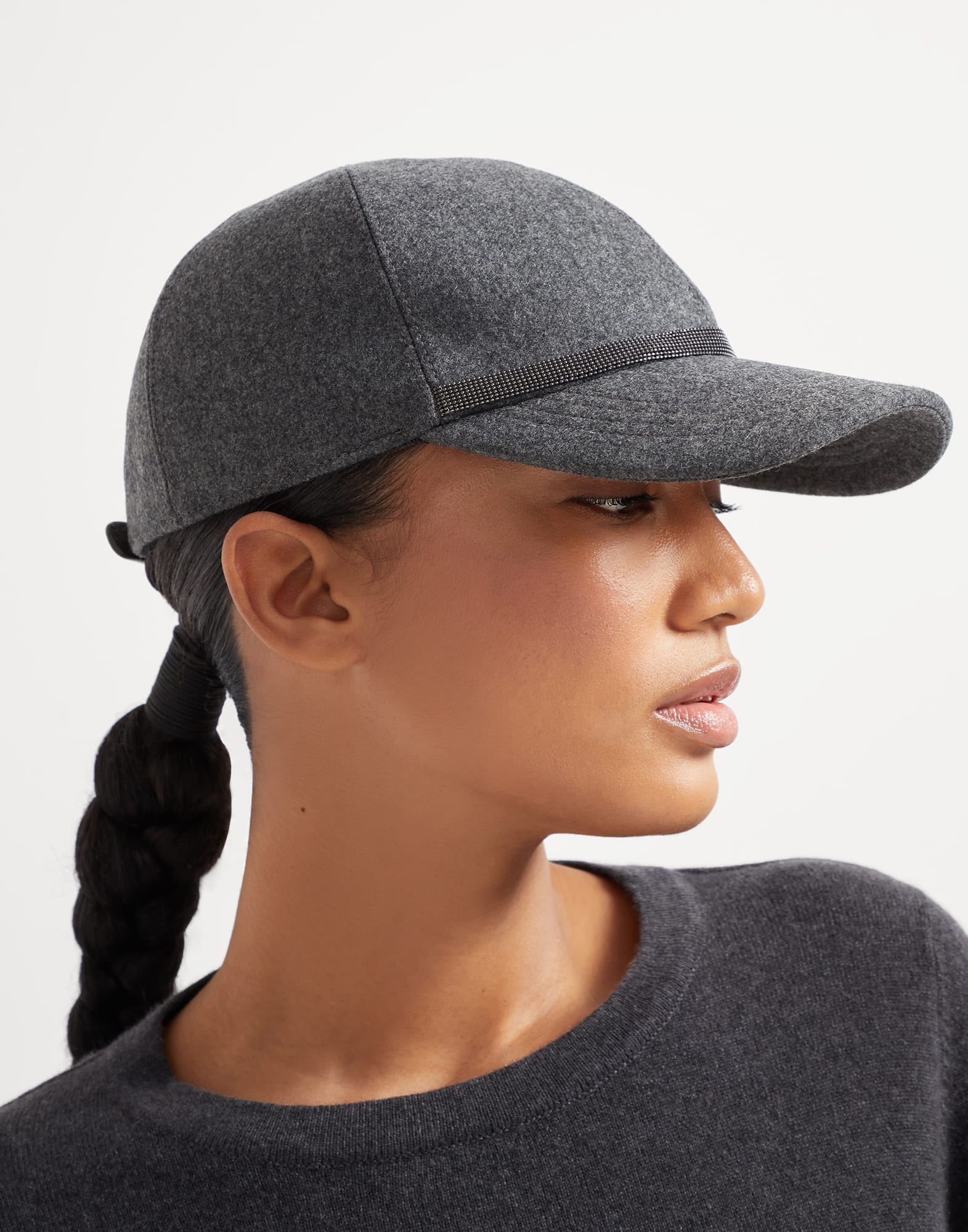 Virgin wool and cashmere flannel baseball cap with shiny band - 3