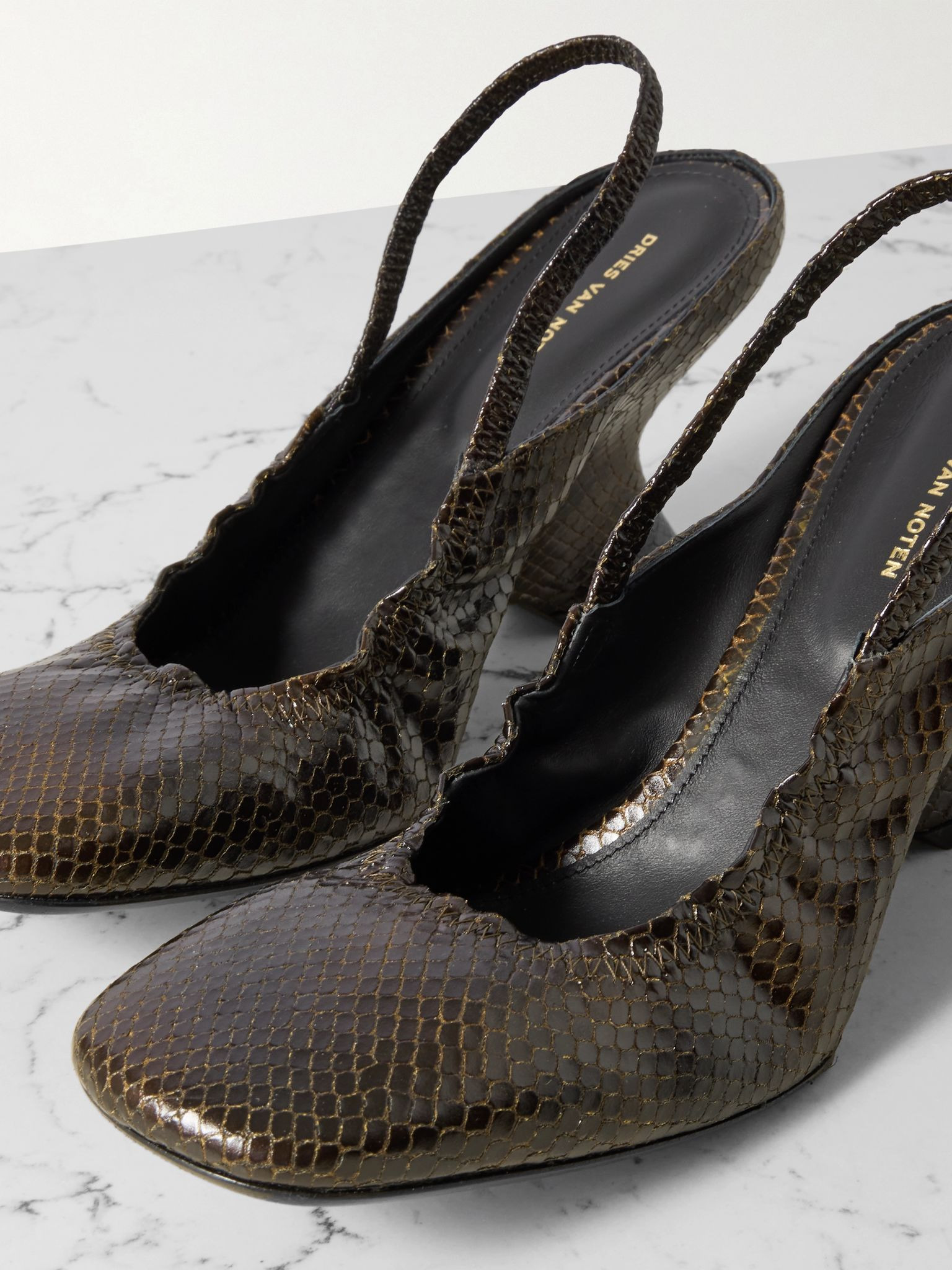 Snake-effect leather slingback wedge pumps Dark brown - 4