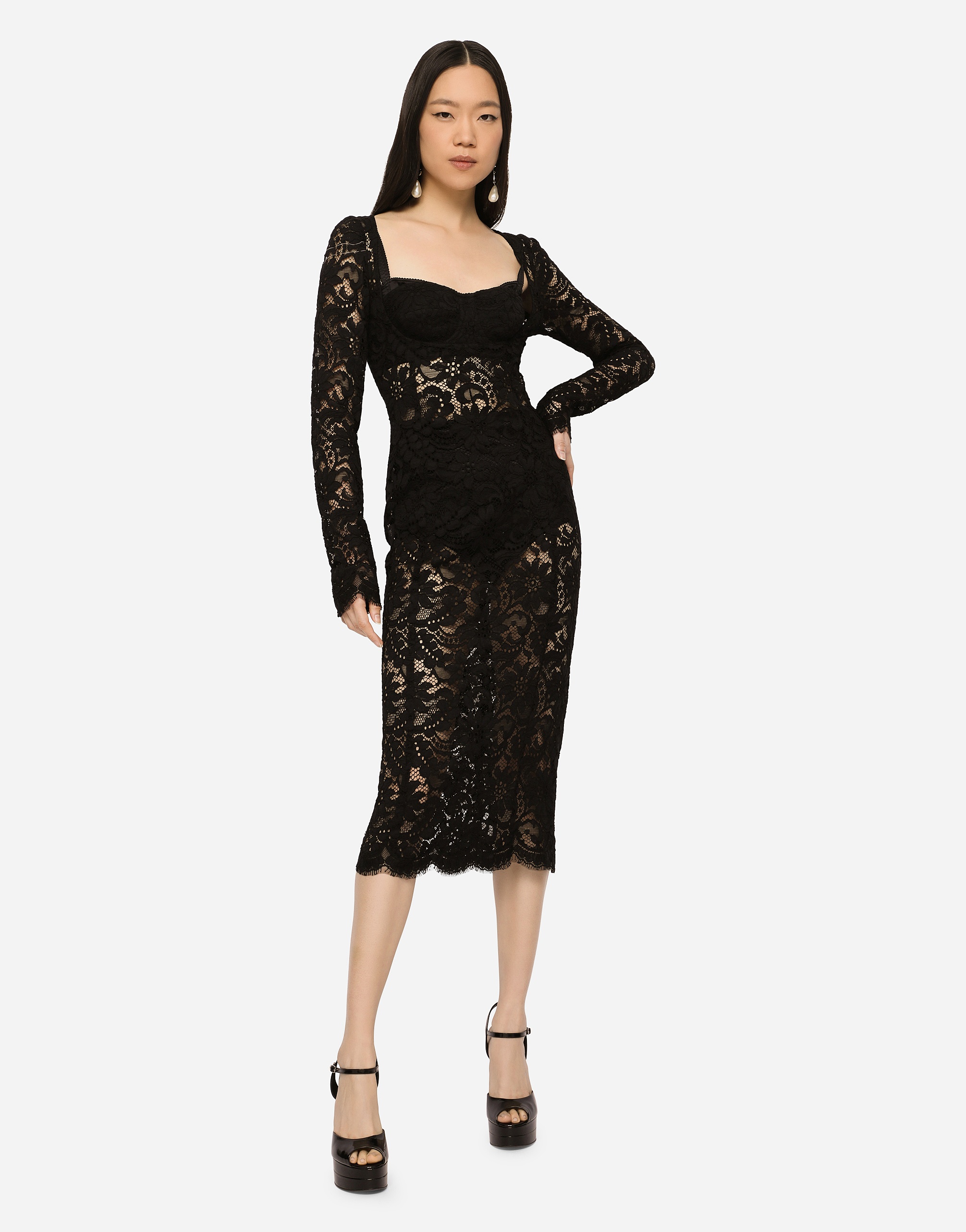 Lace calf-length dress with scalloped detailing - 2