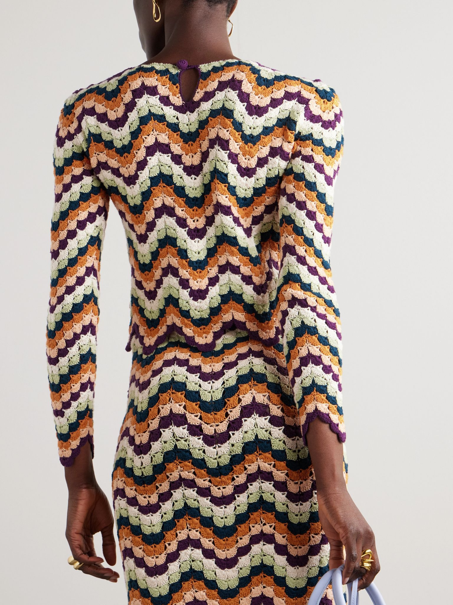 Safi Pesca scalloped striped crocheted organic cotton top Brown - 3