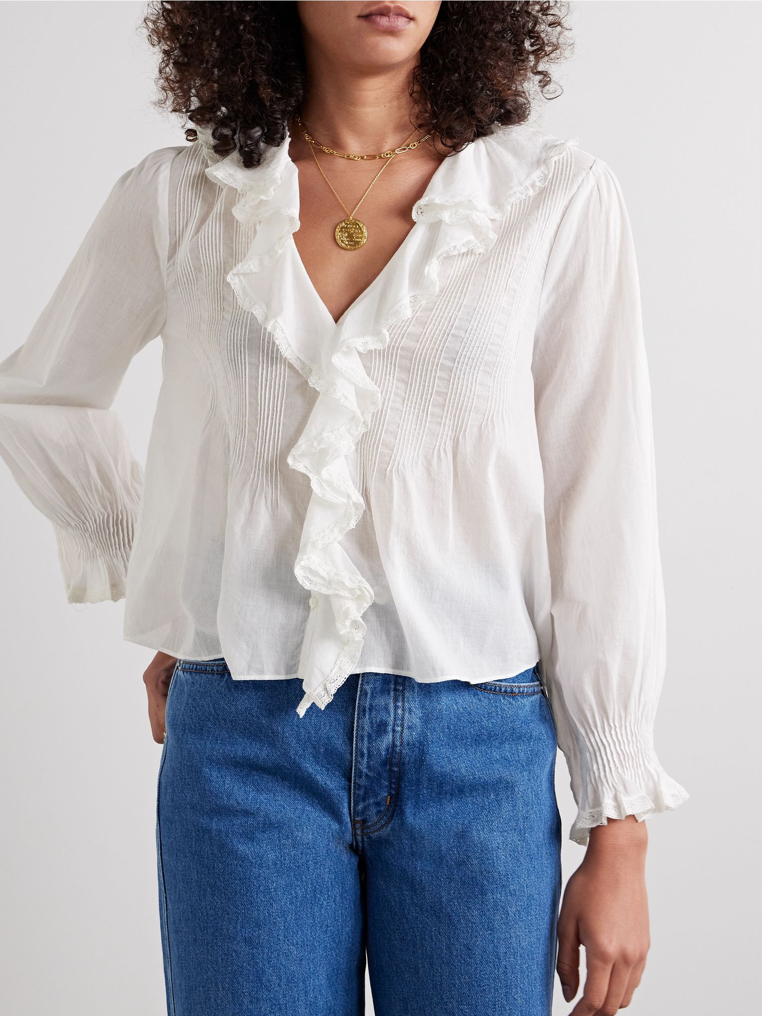 Hardy lace-trimmed ruffled pintucked organic cotton-voile blouse White - 3