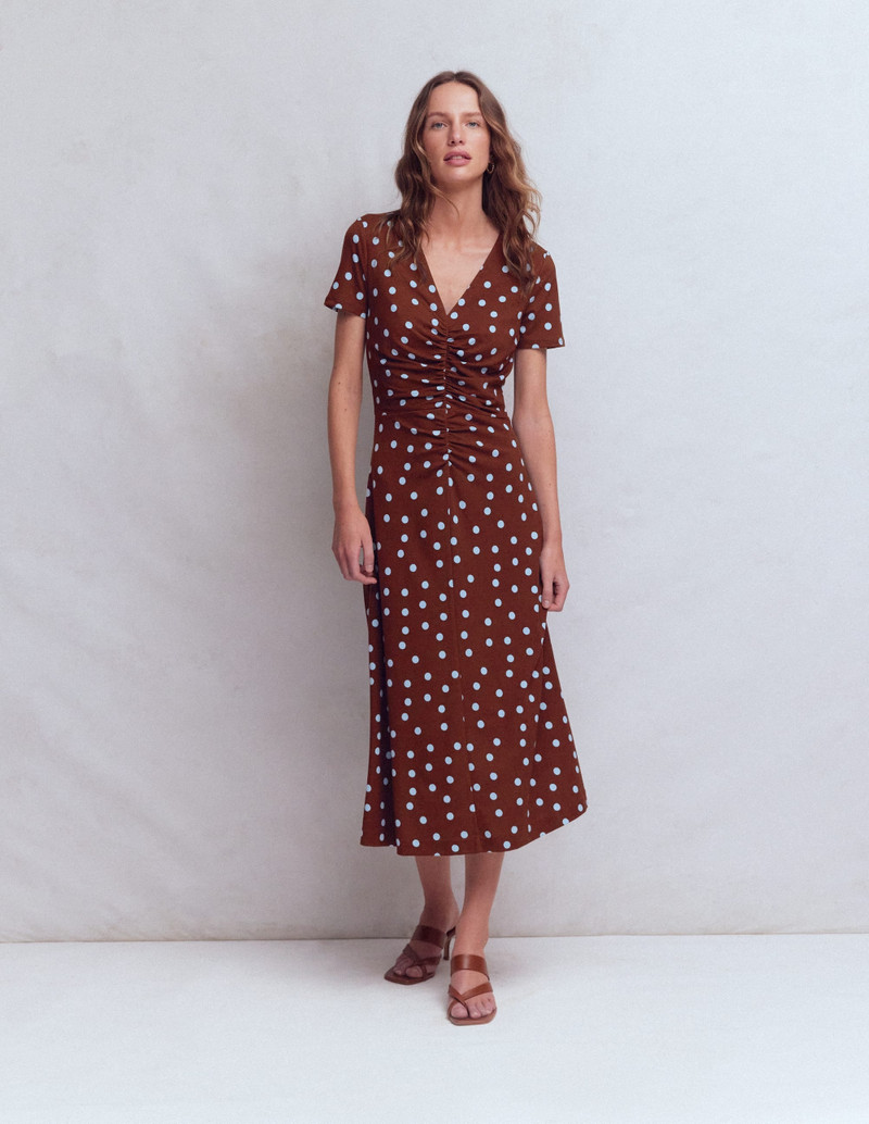 Una Ruched Front Ponte Dress-Raw Umber, Painted Dot 5