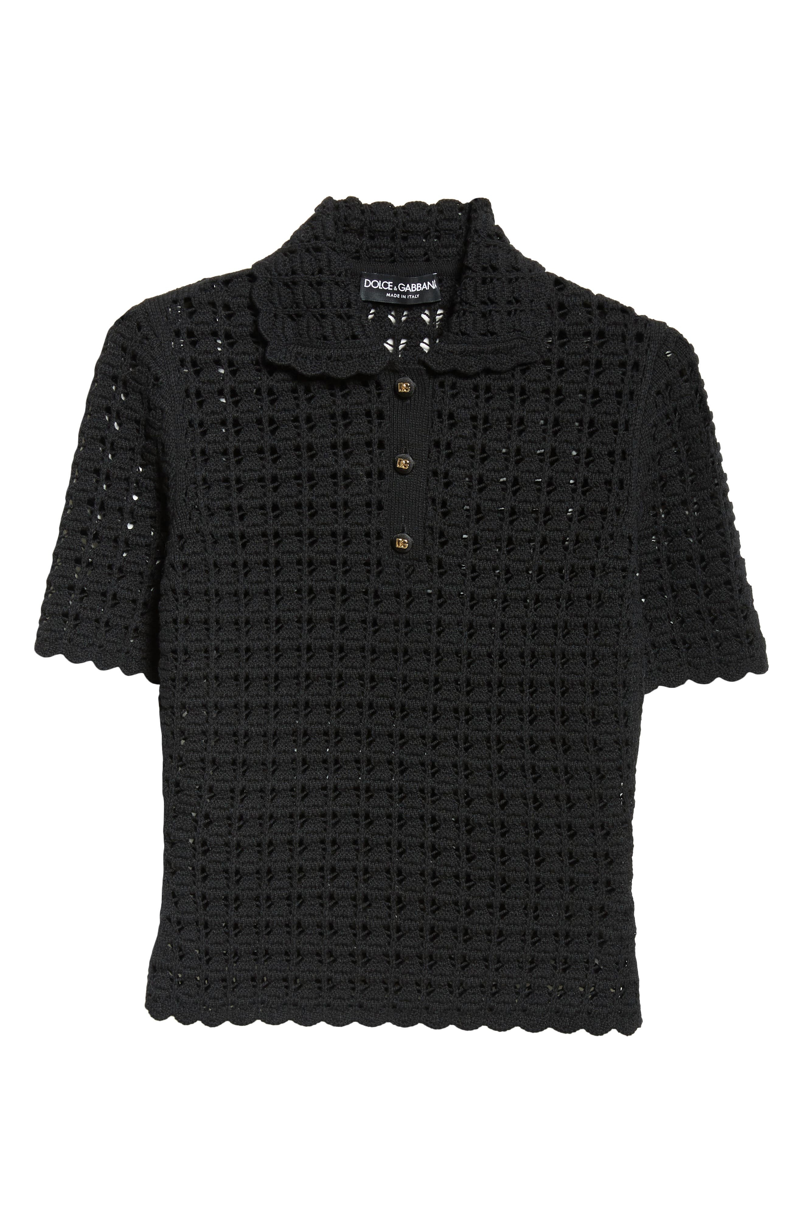 Dolce&Gabbana Lace Stitch Virgin Wool Polo Sweater in N0000 Nero at Nordstrom - 6