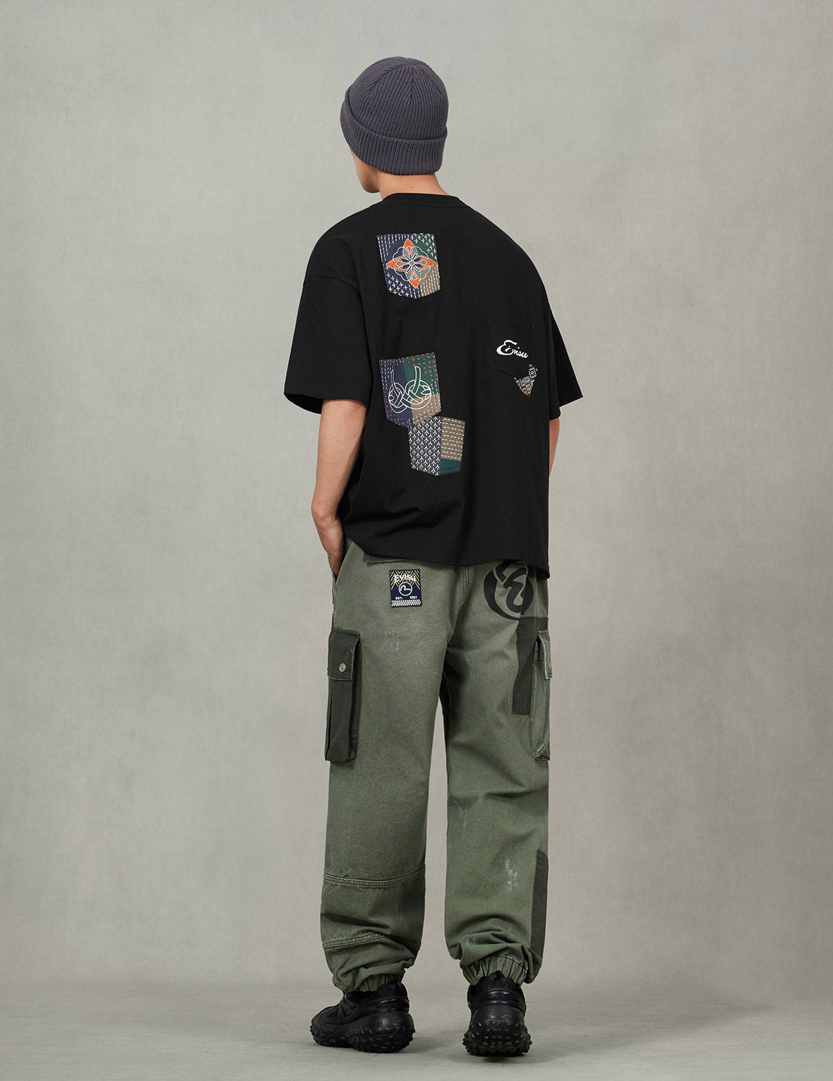 Multi-pocket Color Blocking Sashiko Loose Fit T-shirt - 6