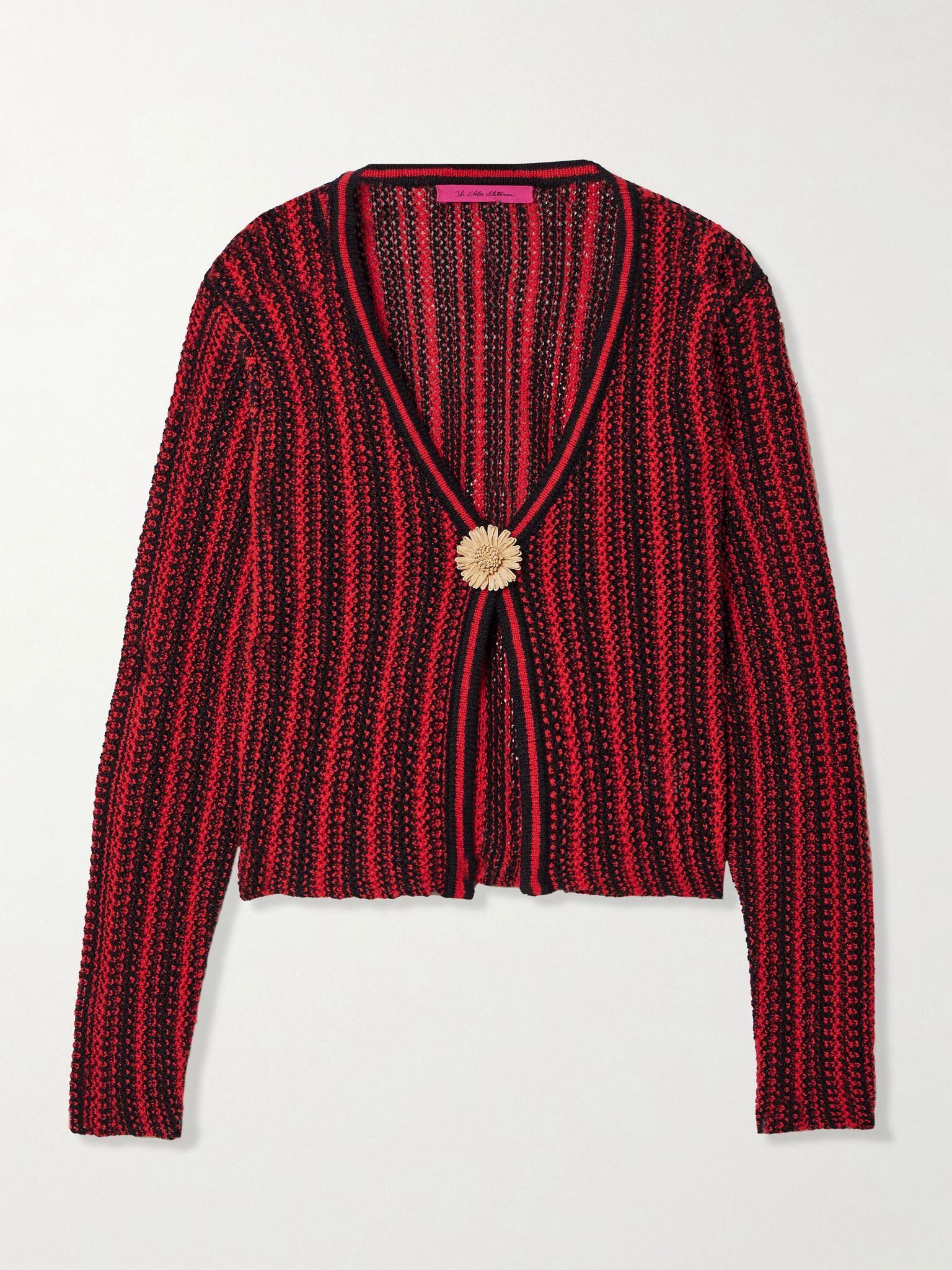 Appliquéd raffia-trimmed striped open-knit cotton cardigan Red - 1