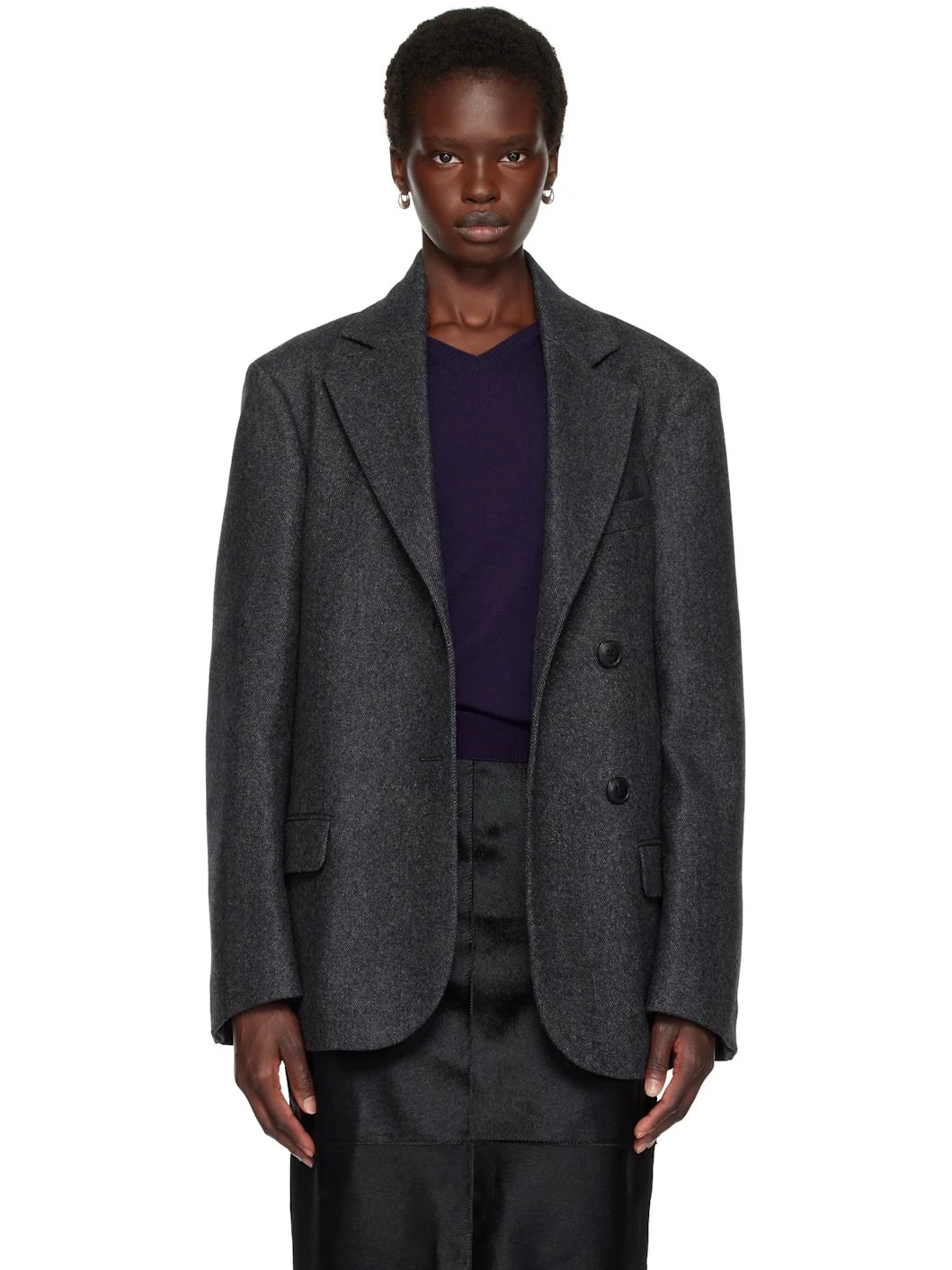 Gray Double-Breasted Herringbone Blazer - 1