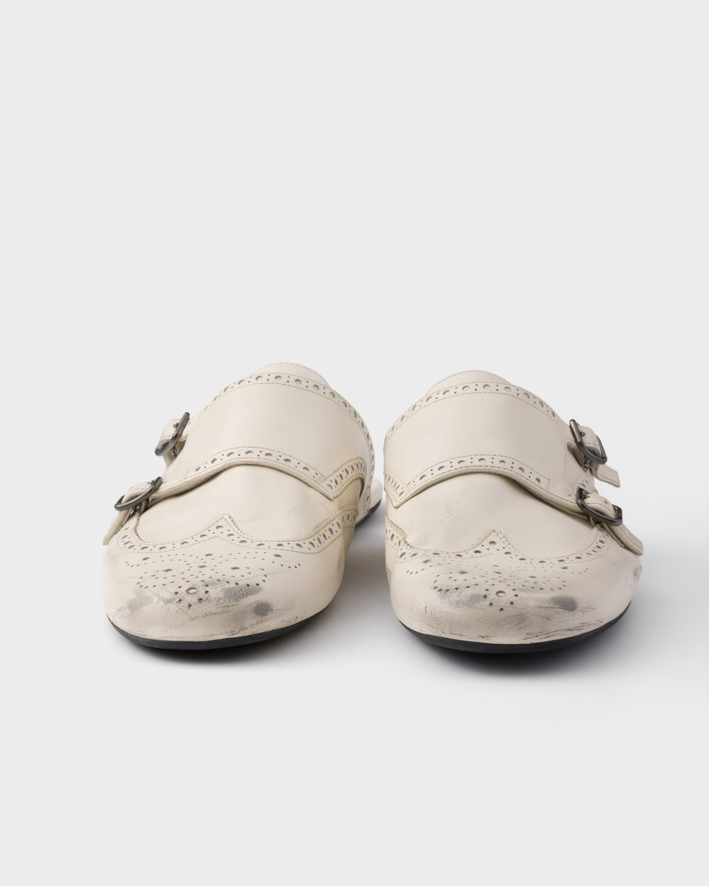 Prada Shuffle antiqued leather double monk strap mules