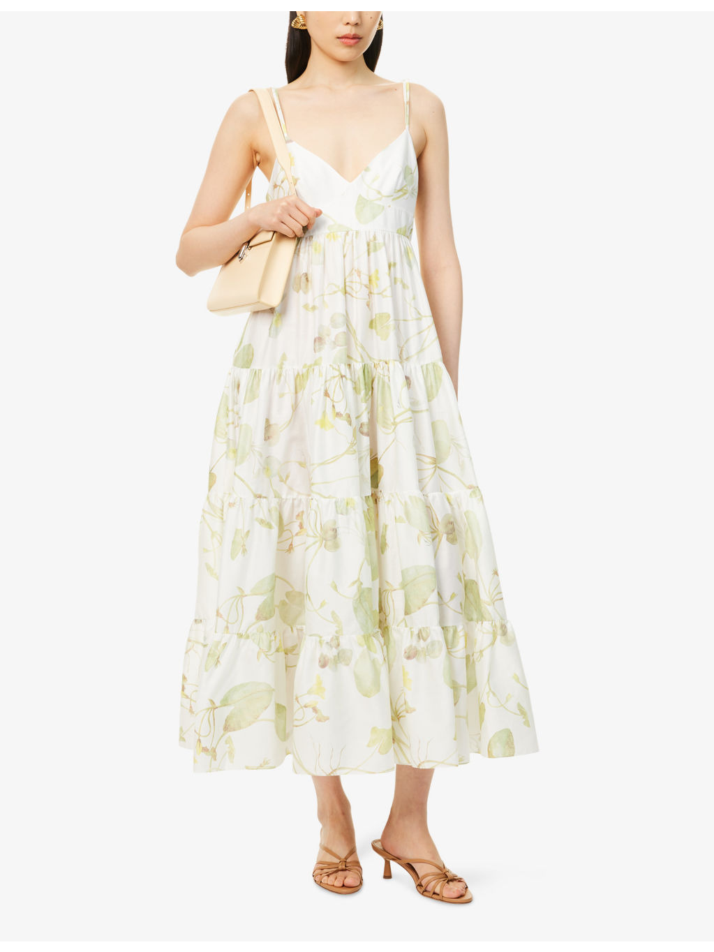Leaf-Print Sleeveless Flared Cotton Midi Dress - 2