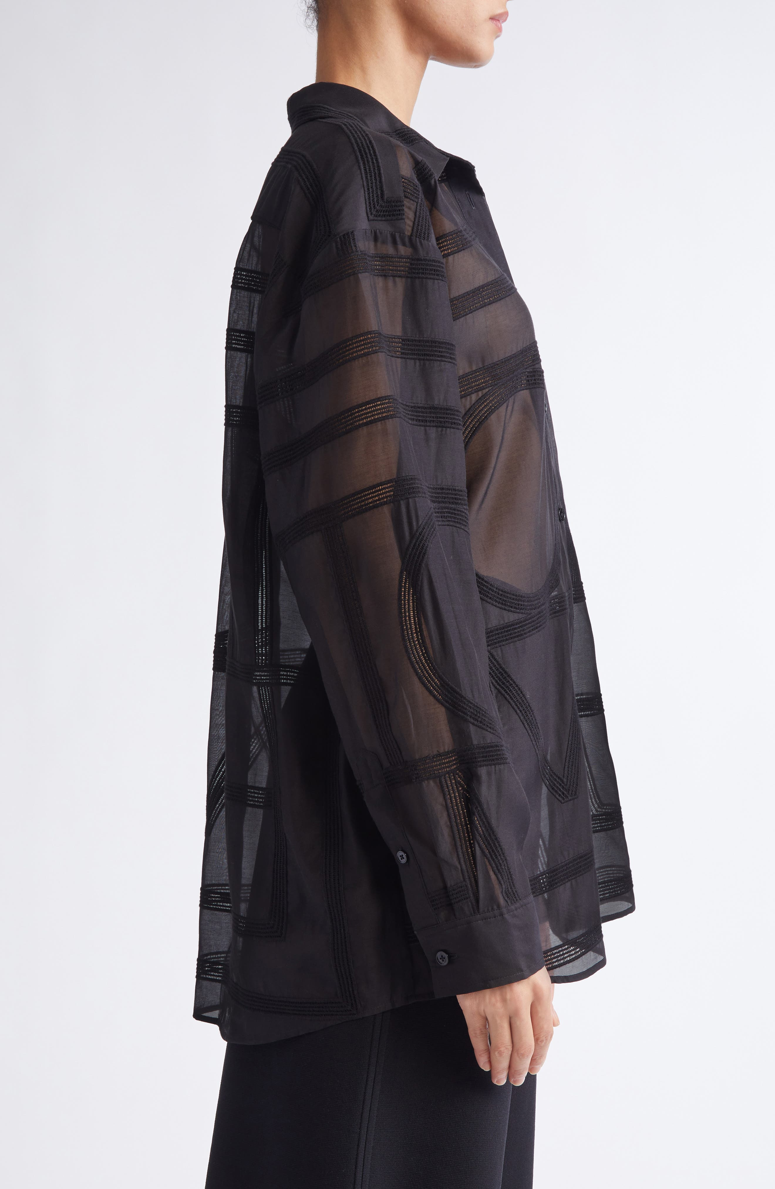 TOTEME Embroidered Organic Cotton & Silk Monogram Oversize Button-Up Shirt in Black at Nordstrom - 4
