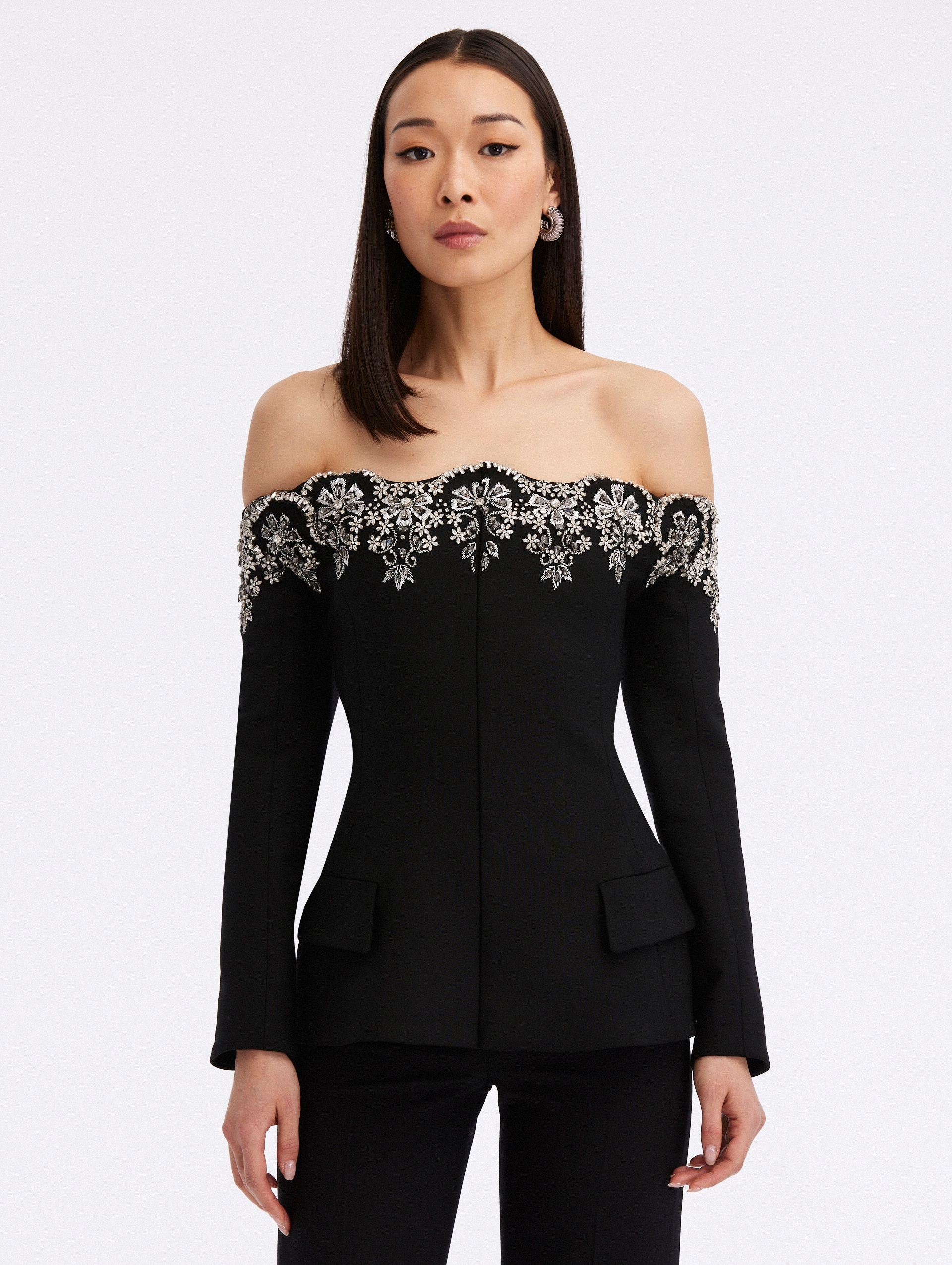 OFF SHOULDER CRYSTAL SCALLOP EMBROIDERED JACKET - 1