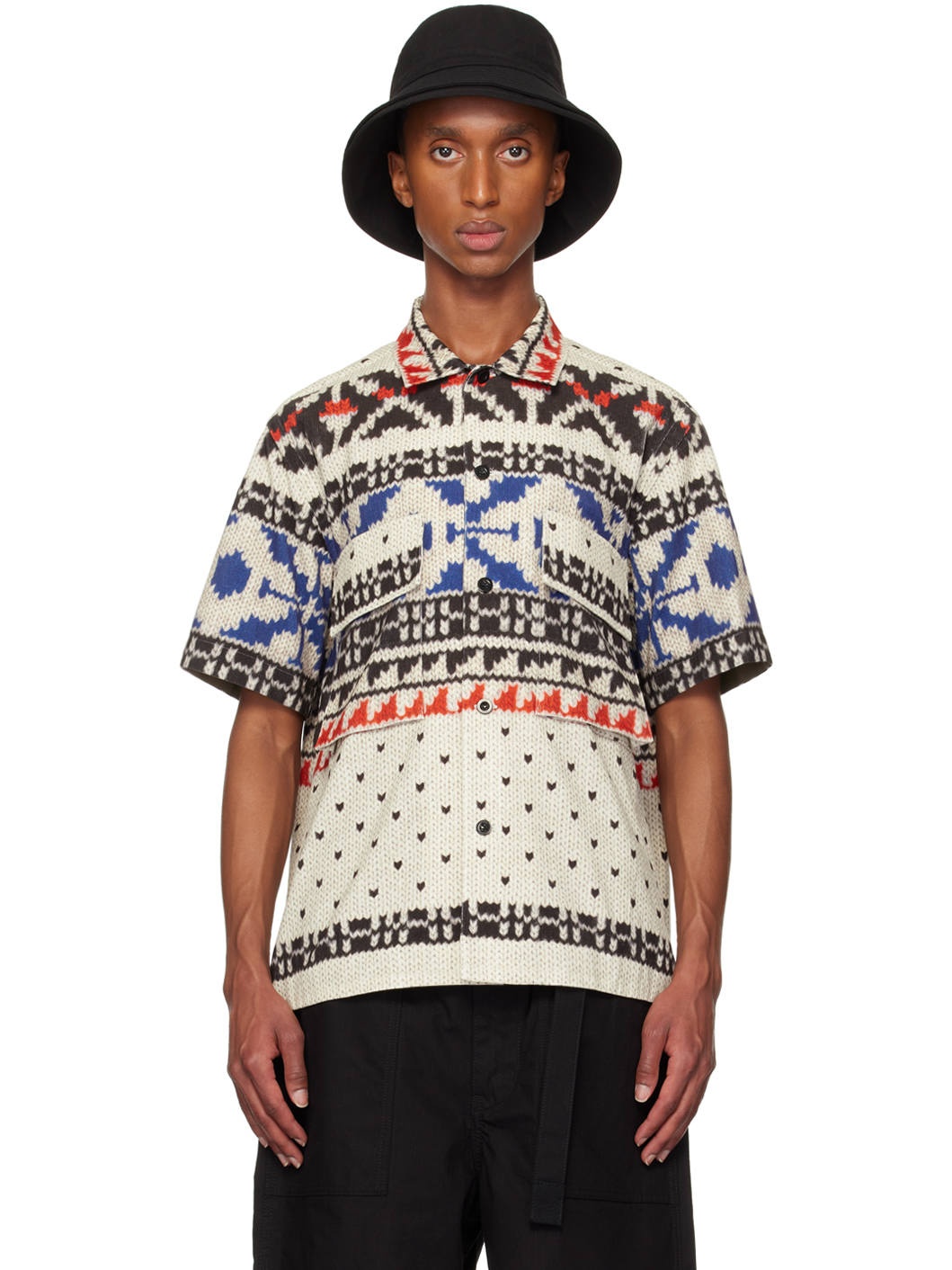 Off-White & Blue Knit Print Shirt - 1