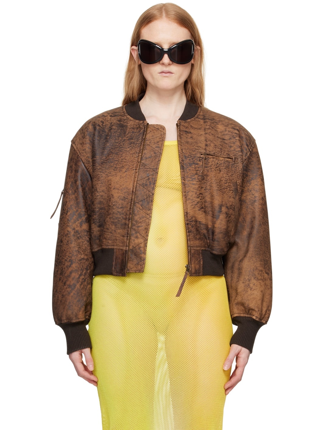 Brown Cropped Leather Bomber Jacket - 1
