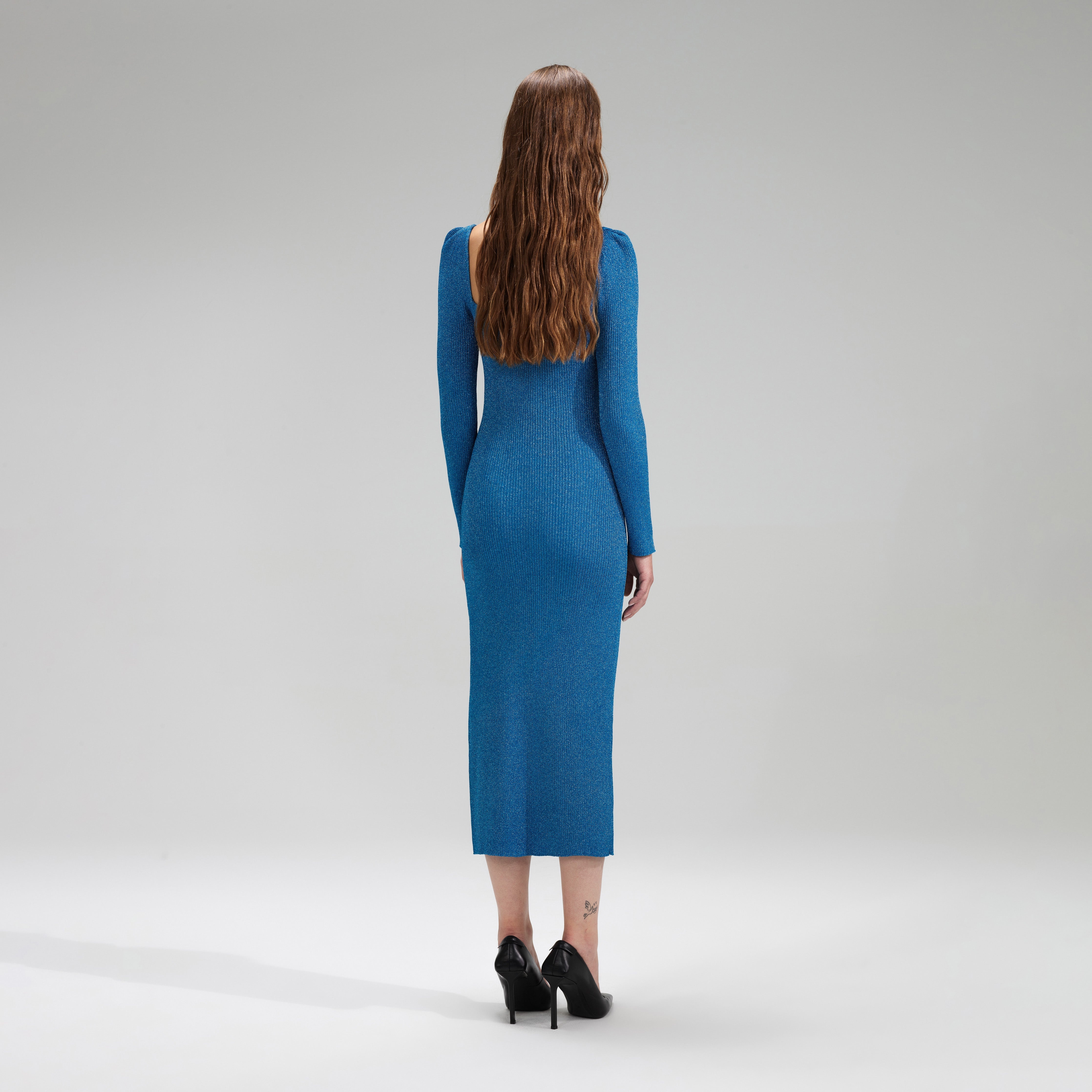 Blue Lurex Sweetheart Knit Midi Dress - 3