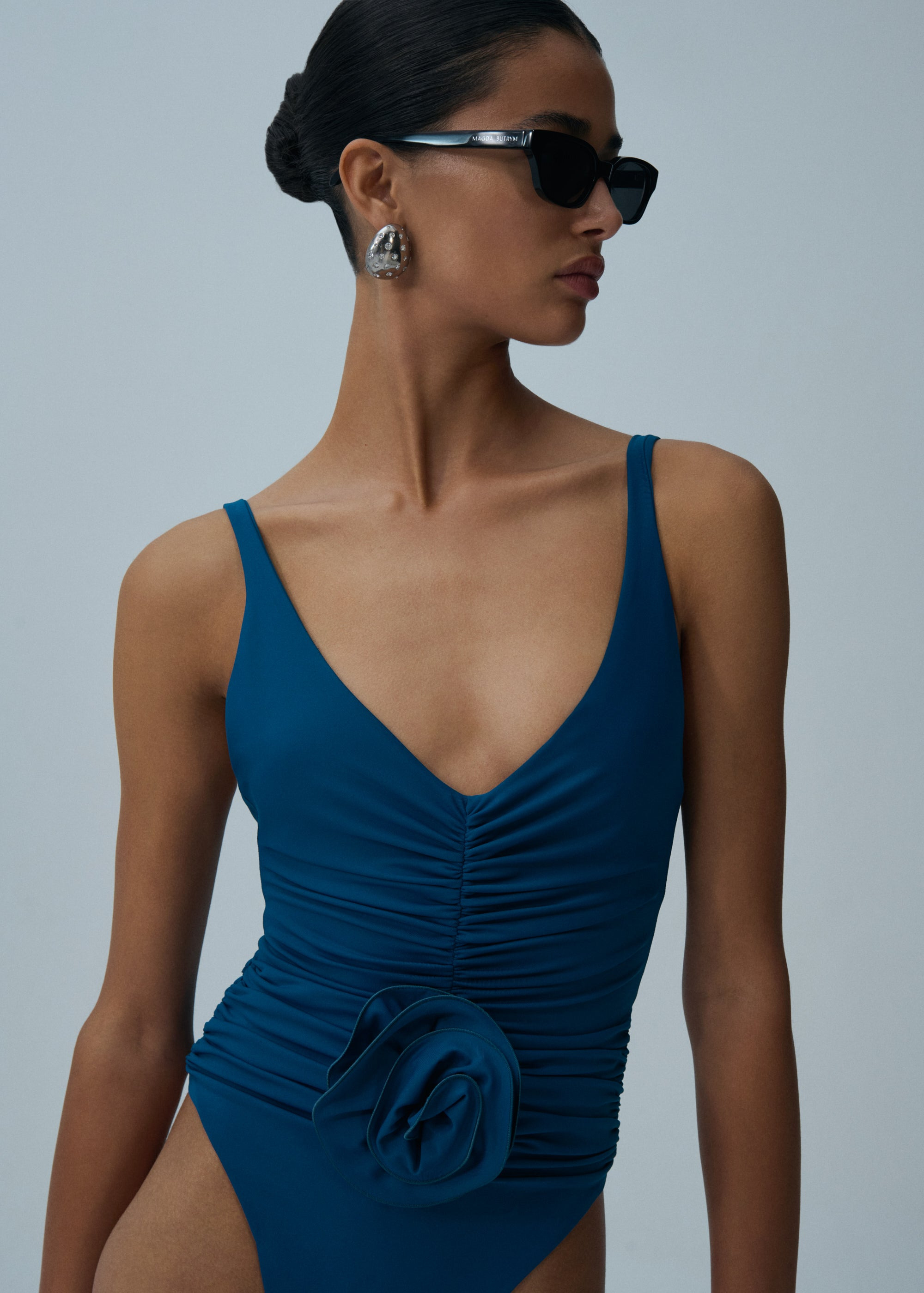 Ruched flower swimsuit in ocean blue - 3
