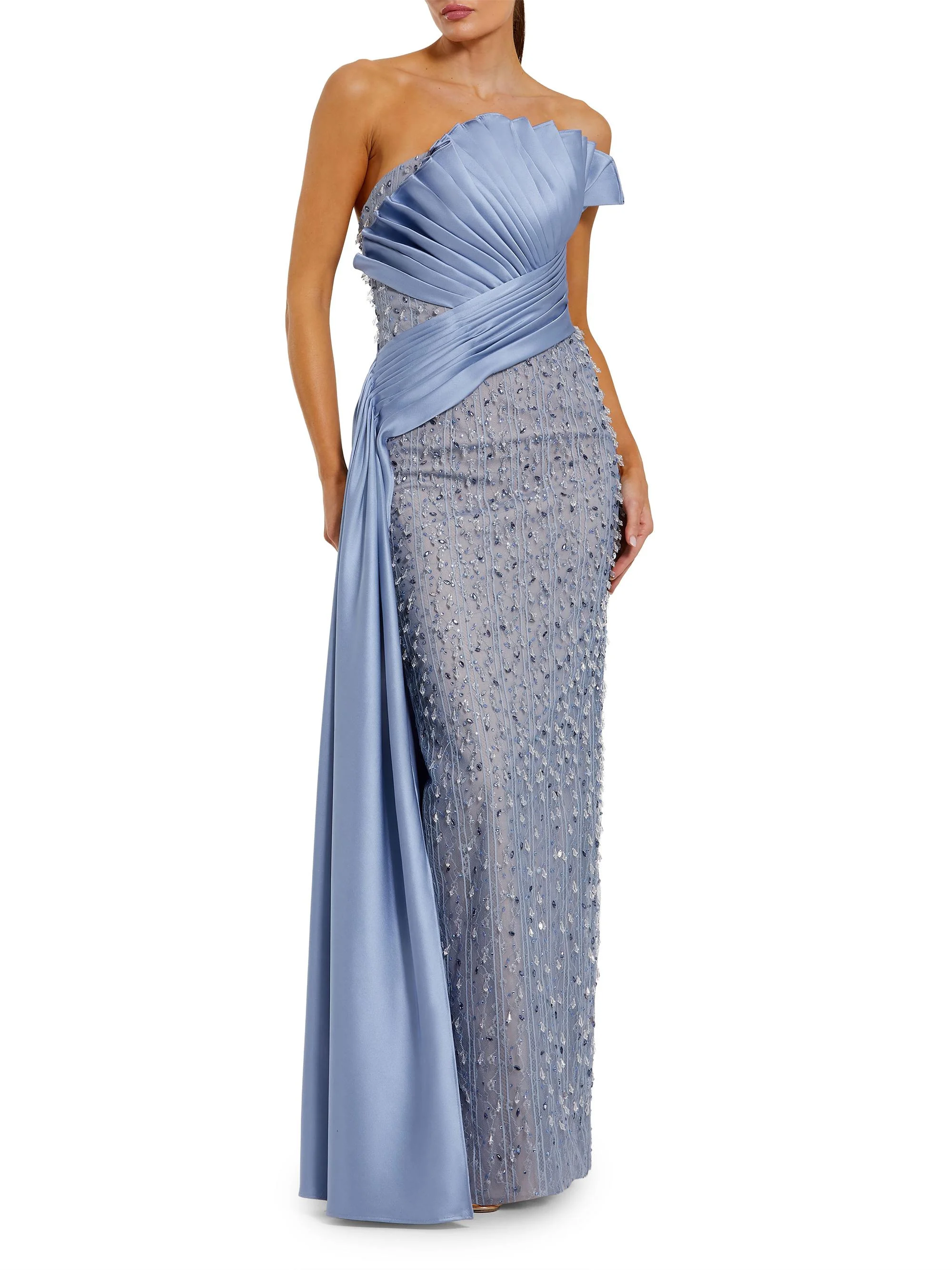 Women's Embellished Pleated Strapless Gown - Fusion Blue - 1