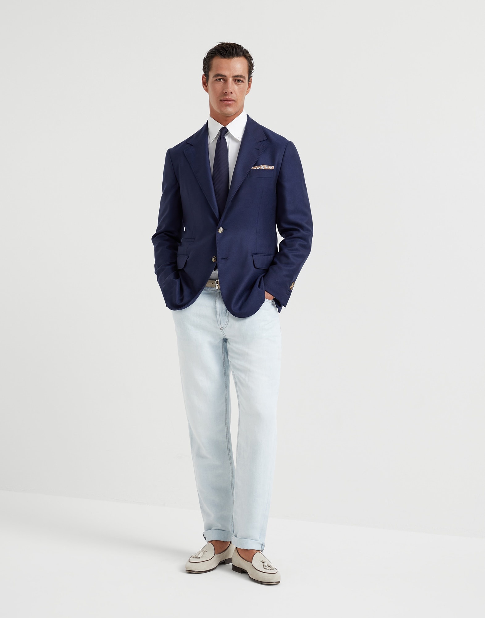 Cotton and linen denim traditional fit five-pocket trousers - 4