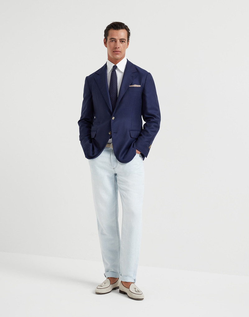 Cotton and linen denim traditional fit five-pocket trousers 4