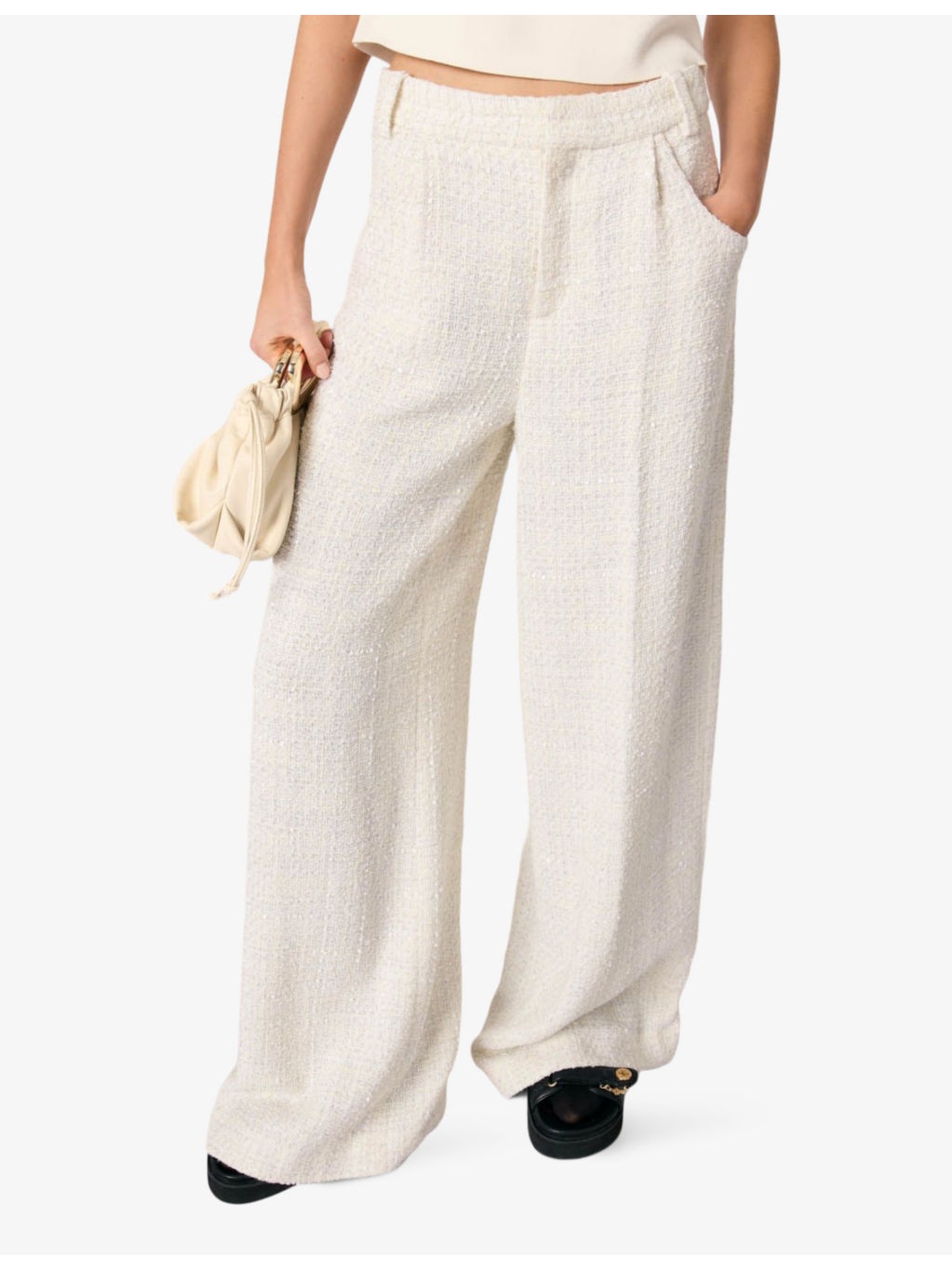 Wide-leg mid-rise tweed woven trousers - 5