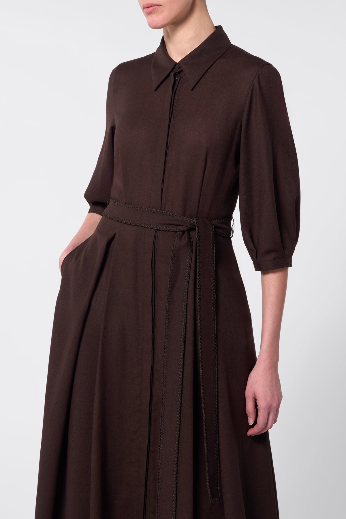 Andy Pleated Shirtdress in Chocolate Virgin Wool Gauze - 5