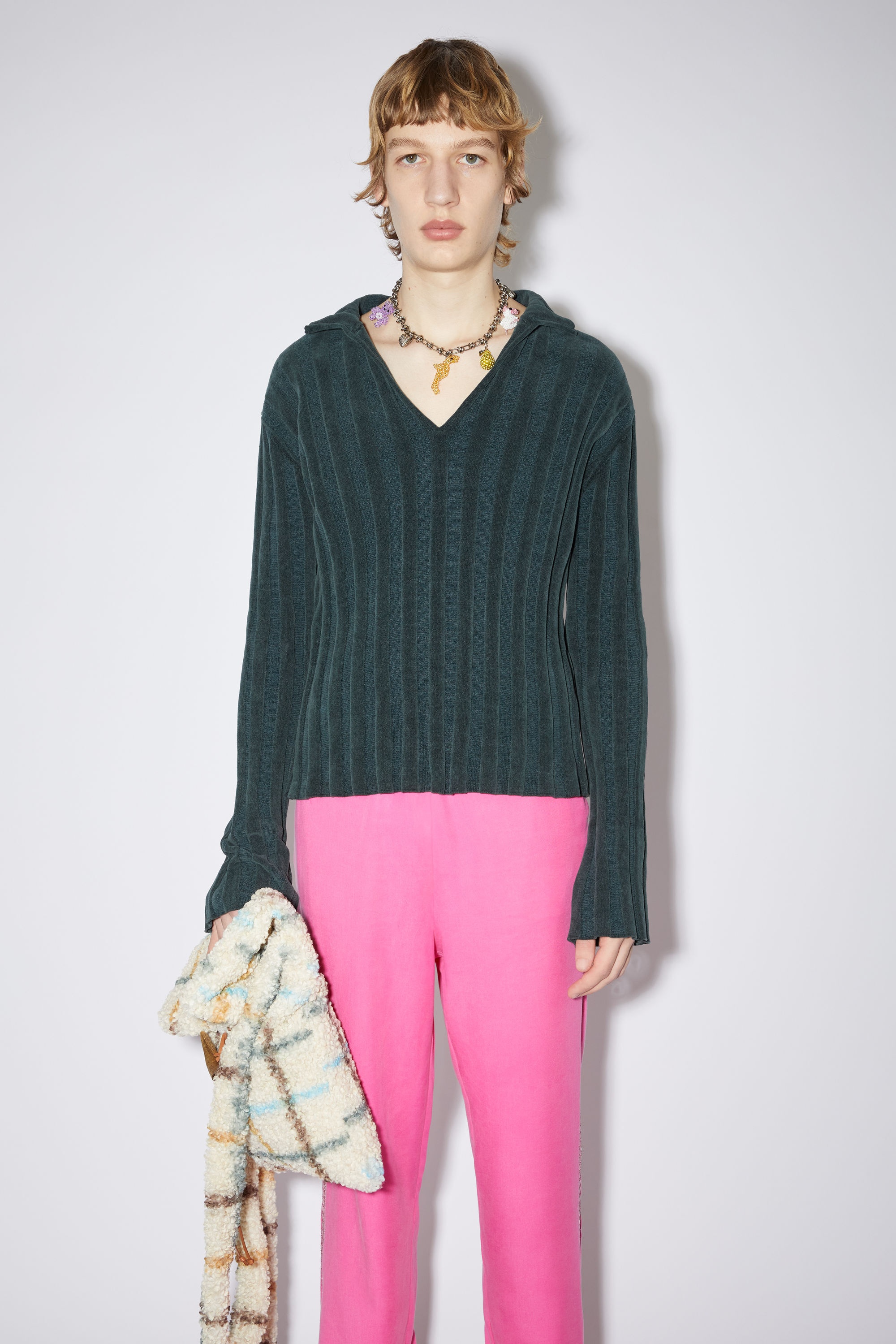 V-neck velour polo jumper - Emerald green - 2