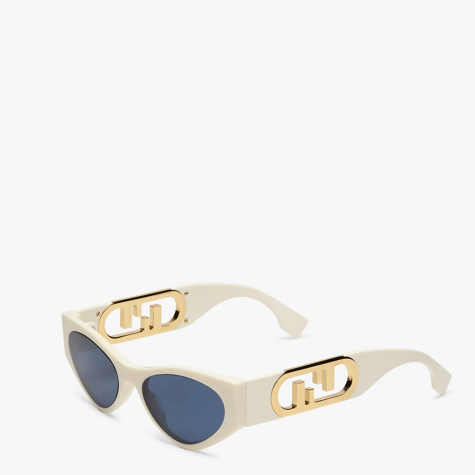 Cat-eye, white acetate O’Lock glasses. Temples with gold metal oversized O’Lock logo and blue lenses - 2