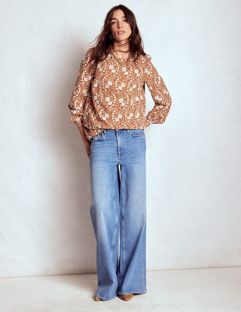 Embroidered Cotton Dobby Top-Brown 5