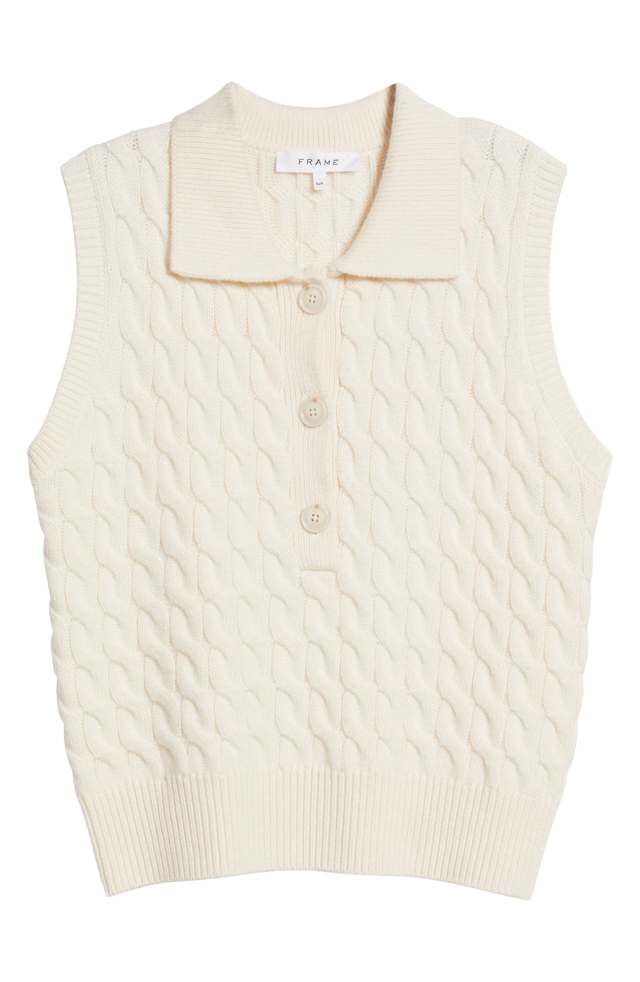 FRAME Cable Wool Sleeveless Polo Sweater in Cream at Nordstrom - 5