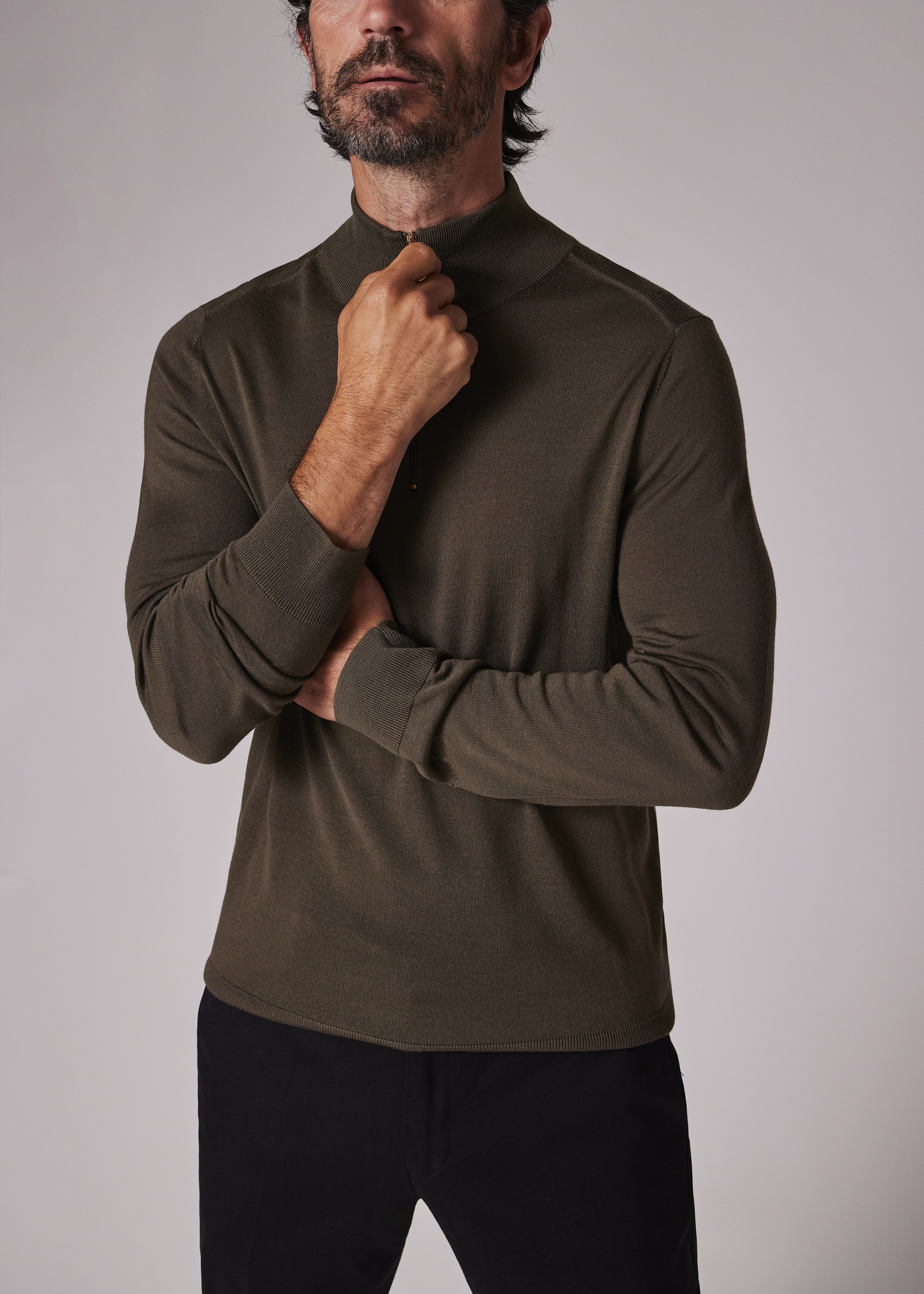 Khaki Merino Wool Half-Zip Sweater - 4