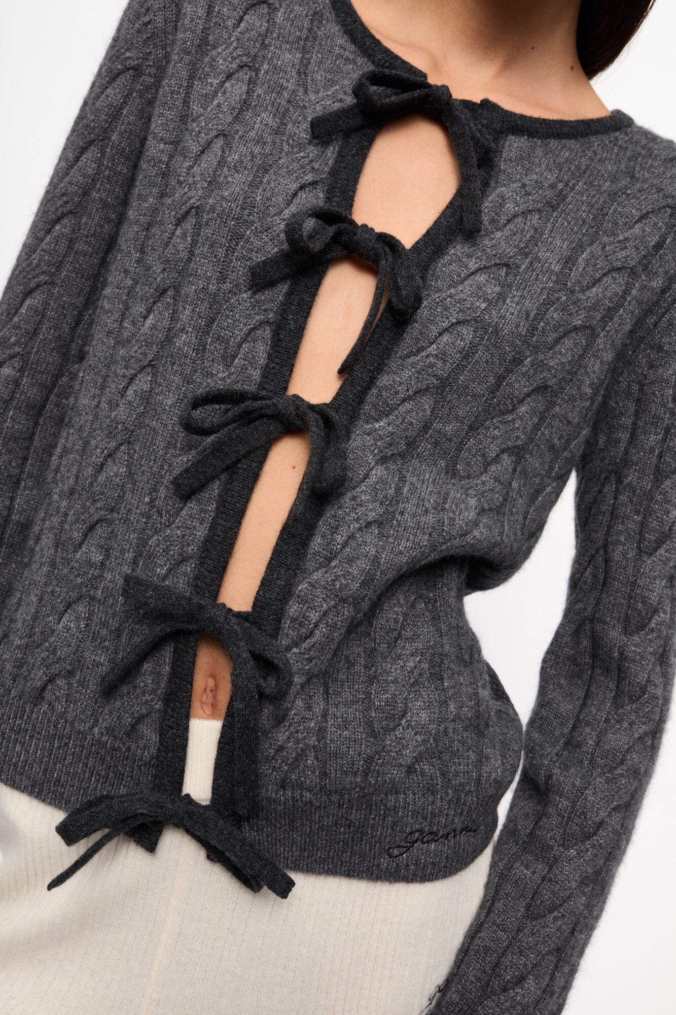 GREY AND BLACK CASHMERE MIX TIE STRING CARDIGAN - 5