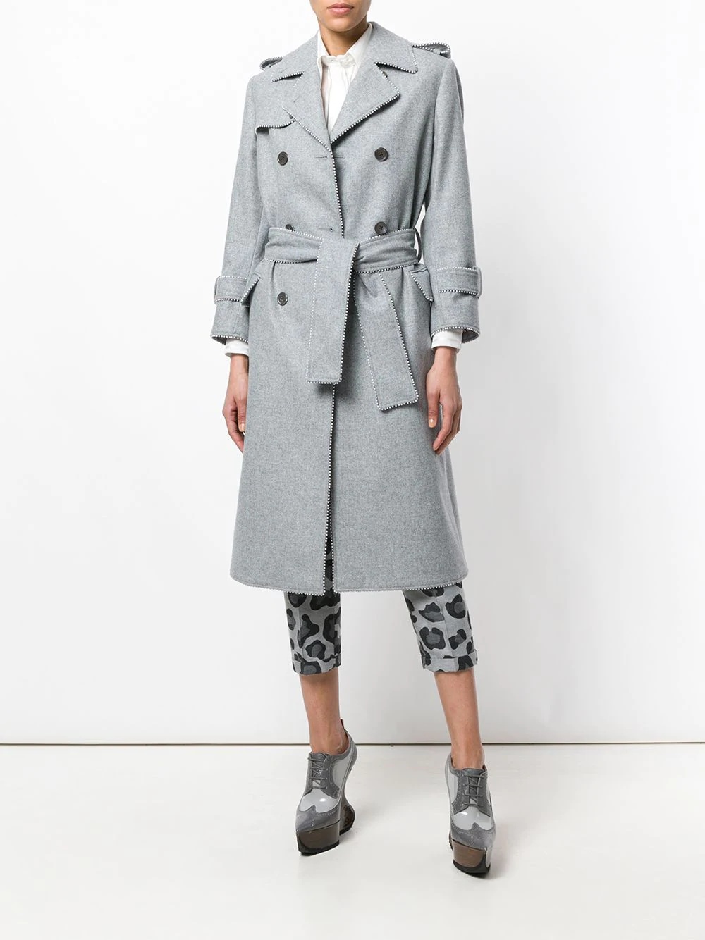 Pearl Trim Flannel Trench Coat - 2