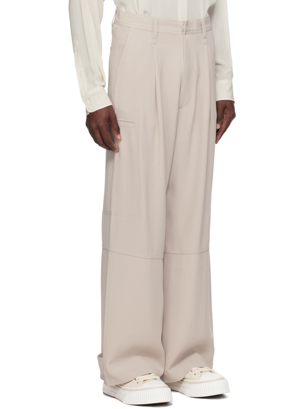 Beige Pleated Cargo Pants - 2