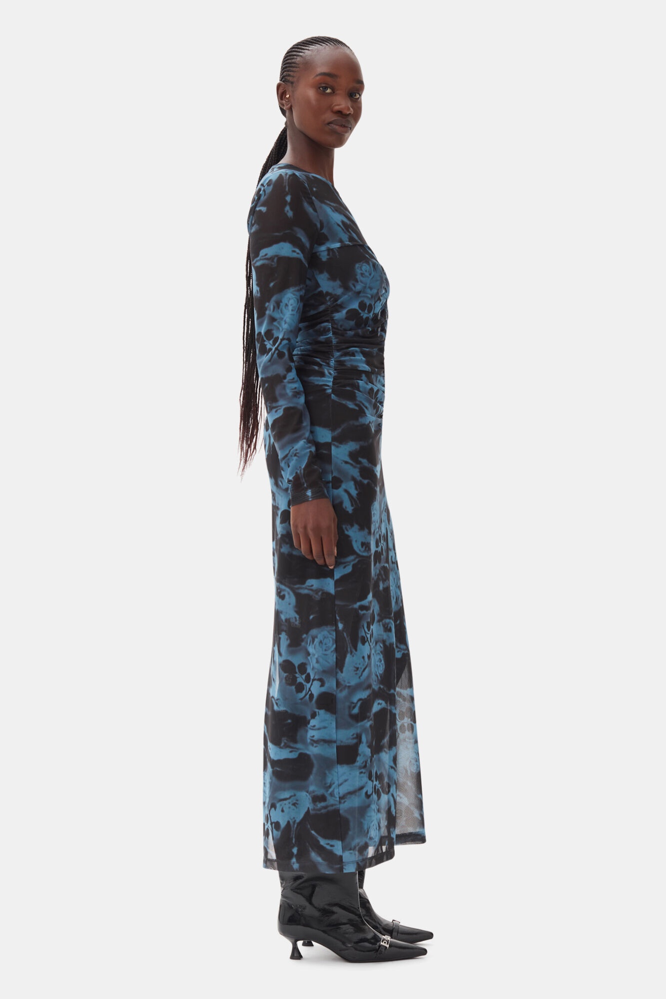 BLUE PRINTED MESH O-NECK RUCHED LONG DRESS - 4